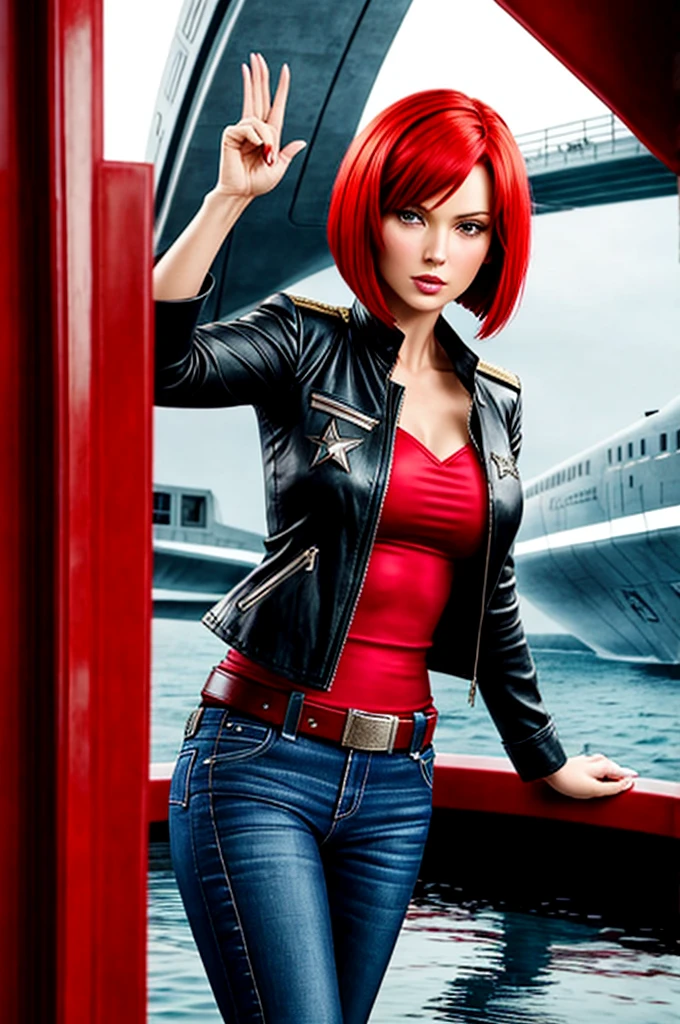red bob cut, beautiful woman, starship captain, short jacket, cowboy shot, flirty, military bearing, standing, pirate, on a starship bridge, leather