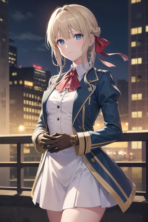 Violet Evergarden, Violet Evergarden, Blonde, blue eyes, hair ribbon, ribbon, short hair, Braid, hair Braid, red ribbon,
break blue Jacket, brown gloves, cropped Jacket, dress, gloves, Green Brooch, Jacket, Juliet Sleeve, Long sleeve, Puffy sleeves, white dress,
break outdoors, city,
break looking at viewer, (Cowboy Shot:1.5),
break (masterpiece:1.2), highest quality, High resolution, unity 8k wallpaper, (figure:0.8), (Beautiful fine details:1.6), Highly detailed face, Perfect lighting, Highly detailed CG, (Perfect hands, Perfect Anatomy),
