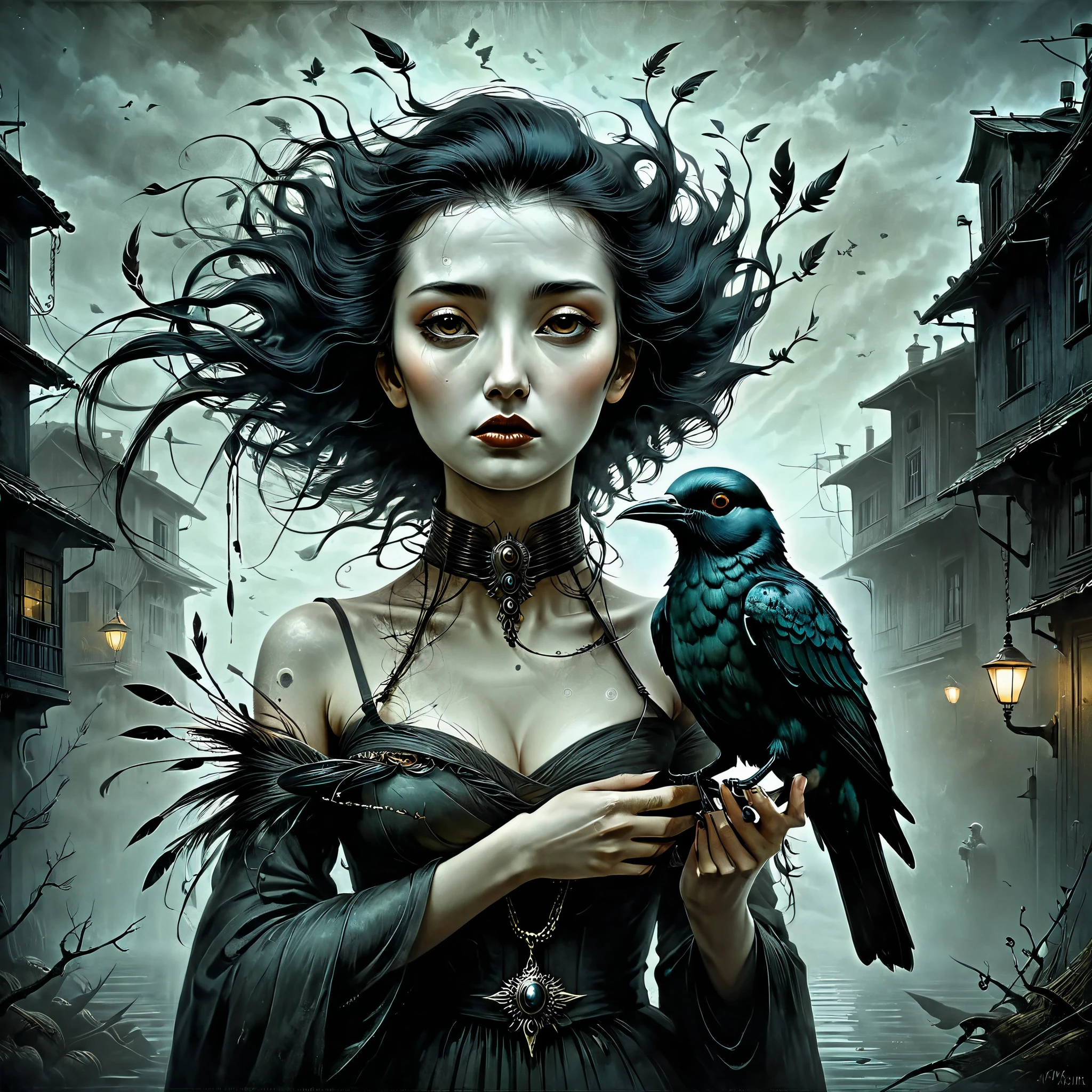 there is a woman with a bird on her shoulder and a bird on her hand, anton semenov, horror surreal art, inspired by Aleksander Gierymski, dark surreal art, by Andrei Kolkoutine, by Galen Dara, surrealistic digital artwork, benjamin lacombe, eric lacombe, dark but detailed digital art