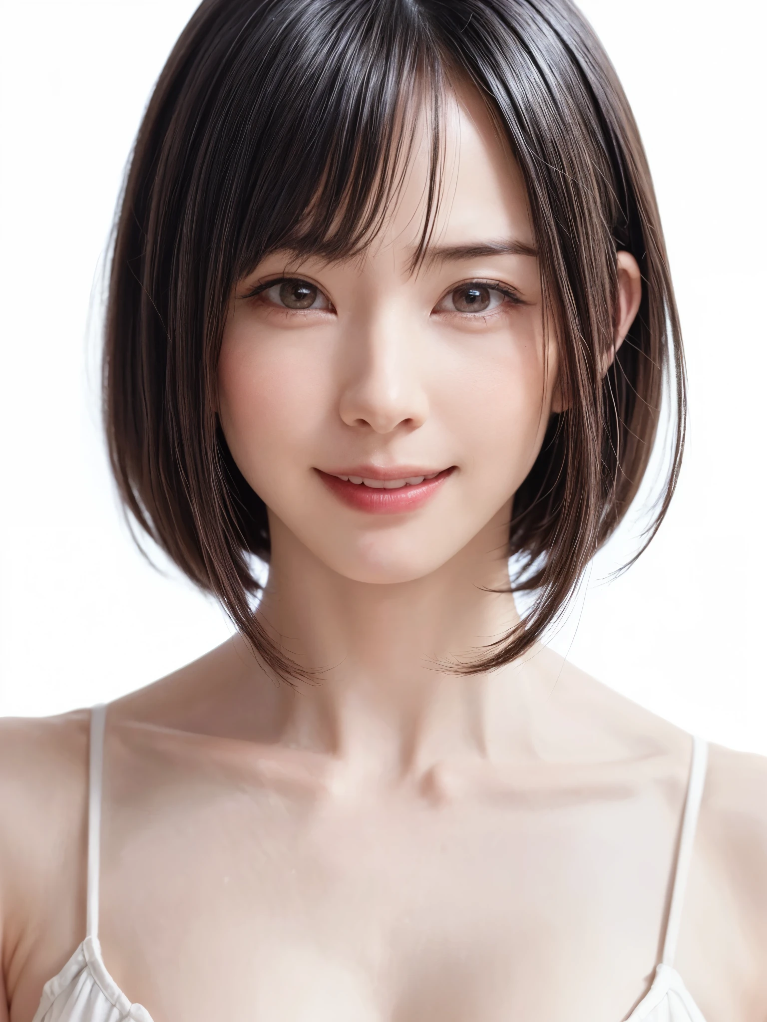 1 girl, alone, Beautiful Skin, very detaileded, ultra detaileded, Ultra-high resolution, (Photorealism:1.4), (highest quality), (Best Shadow), detailed, Perfect lighting, Black Hair, ((Showpiece, highest quality, High precision)), One Girl, (Realistic: 1.4), (look up at the camera even a little, カメラをlook up, look up, look up at the camera, Looking into the camera))), alone, White Background, snow-White Background, shut up., smile, pretty Black Hair, short hair:1.6, Big eyes, Beautiful double eyelids, eyelash, listen, Long neck, 美しいLong neck,Show off your beautiful ears、Slightly wider shoulders、Beautiful Lips、 Absolute area, ((Face close-up, short hair with bangs、Short Bob Hair:1.5、Off the shoulder)), 19 years old, Attractive proportions, Shiny skin, Beautiful clavicle, Golden ratio face, Perfect Face, Teardrop-shaped mole, Mole on chest, bangs, clean bangs, beautiful bangs, Lip gloss, Thin lips, White skin, I took off my clothes, Small face, Small face, 少し上を向いてLooking into the camera, ((smile a little for the camera, really nothing pure White Background, Listen carefully, big 胸、Dynamic Angle:1.5))