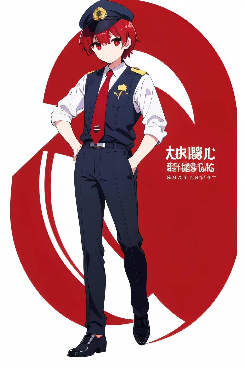 whole body　１Handsome man　shirt　Red tie　Black trousers　Red Hair　front　Straight　Pure white background　Leather shoes　Red eyes　Police hat