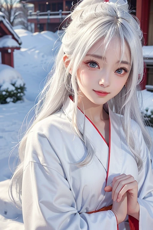 In the snow、White yukata、White Hair、Long Hair、Wind、Wind吹、whole body、15 years old、woman、Hands are out in front、Evil Smiley Face, Dark Skin, Red eyes, Iris, Pupil orange
