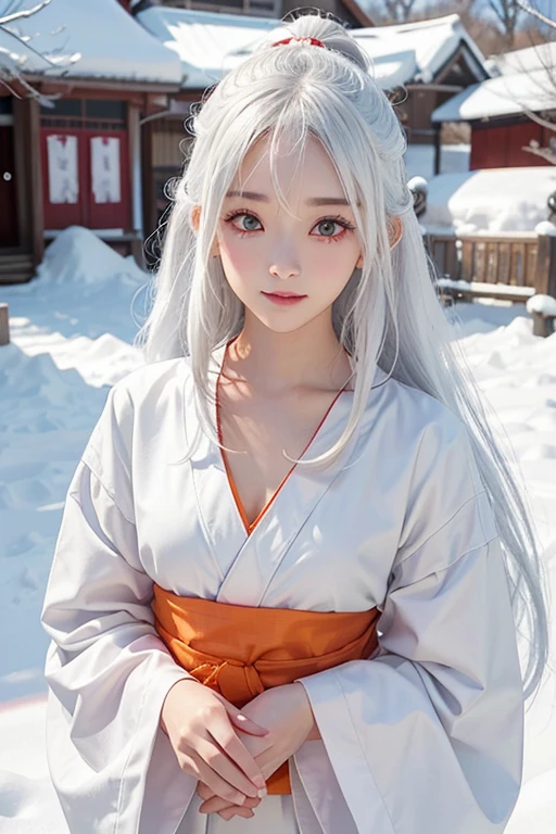 In the snow、White yukata、White Hair、Long Hair、Wind、Wind吹、whole body、15 years old、woman、Hands are out in front、Evil Smiley Face, Dark Skin, Red eyes, Iris, Pupil orange