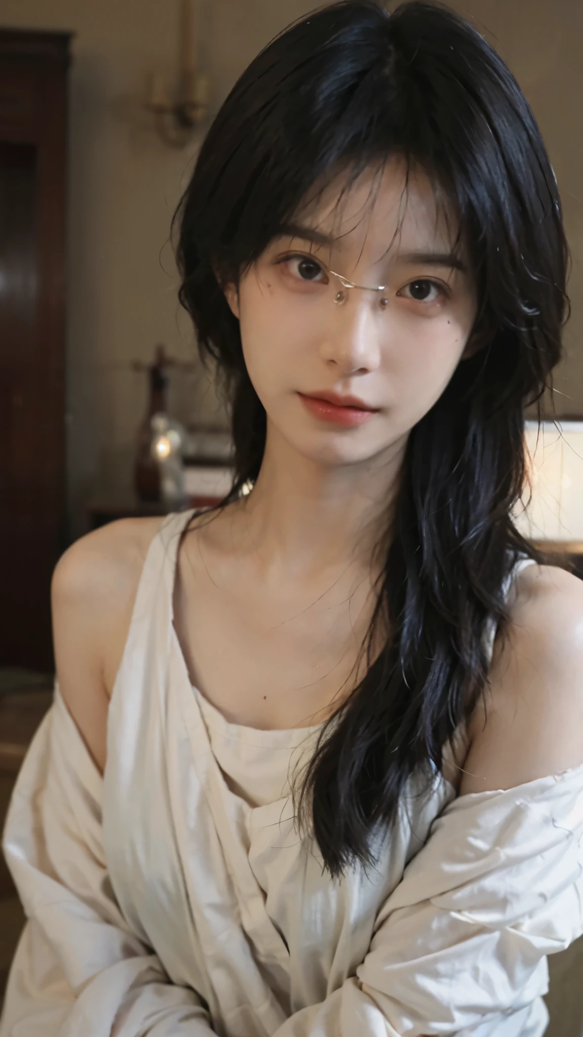 Film portrait photography, 1 girl, bare shoulders,lipstick，（flat chest：1.4）， Shoulder length wavy hair, Wear high-end glasses，White short sleeves，serene, calm, (Realistic and detailed eyes, natural skin texture, Realistic facial details), Soft dramatic lighting, depth of field, Bokeh, Vibrant details, detailed meticulous, hyper-realistic, 35mm film, hazy, ,