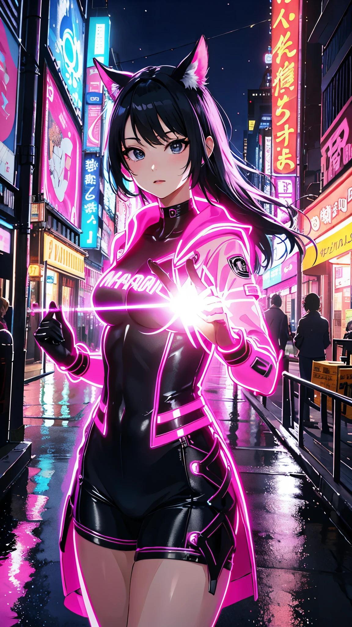 (highest quality、4K、8K、High resolution、masterpiece:1.2)、Super detailed、(anime style、photorealistic:1.37)、girl in neon clothes、neon light、Bright colors、Shining atmosphere、futuristic fashion、shiny fabric、neon sign、Bustling city streets、confident pose、vibrant energy、nightlife sensation、 dynamic movement、creative patterns、Intense saturation、edgy style、kaleidoscope reflection、Fashion Forward、fluorescent light