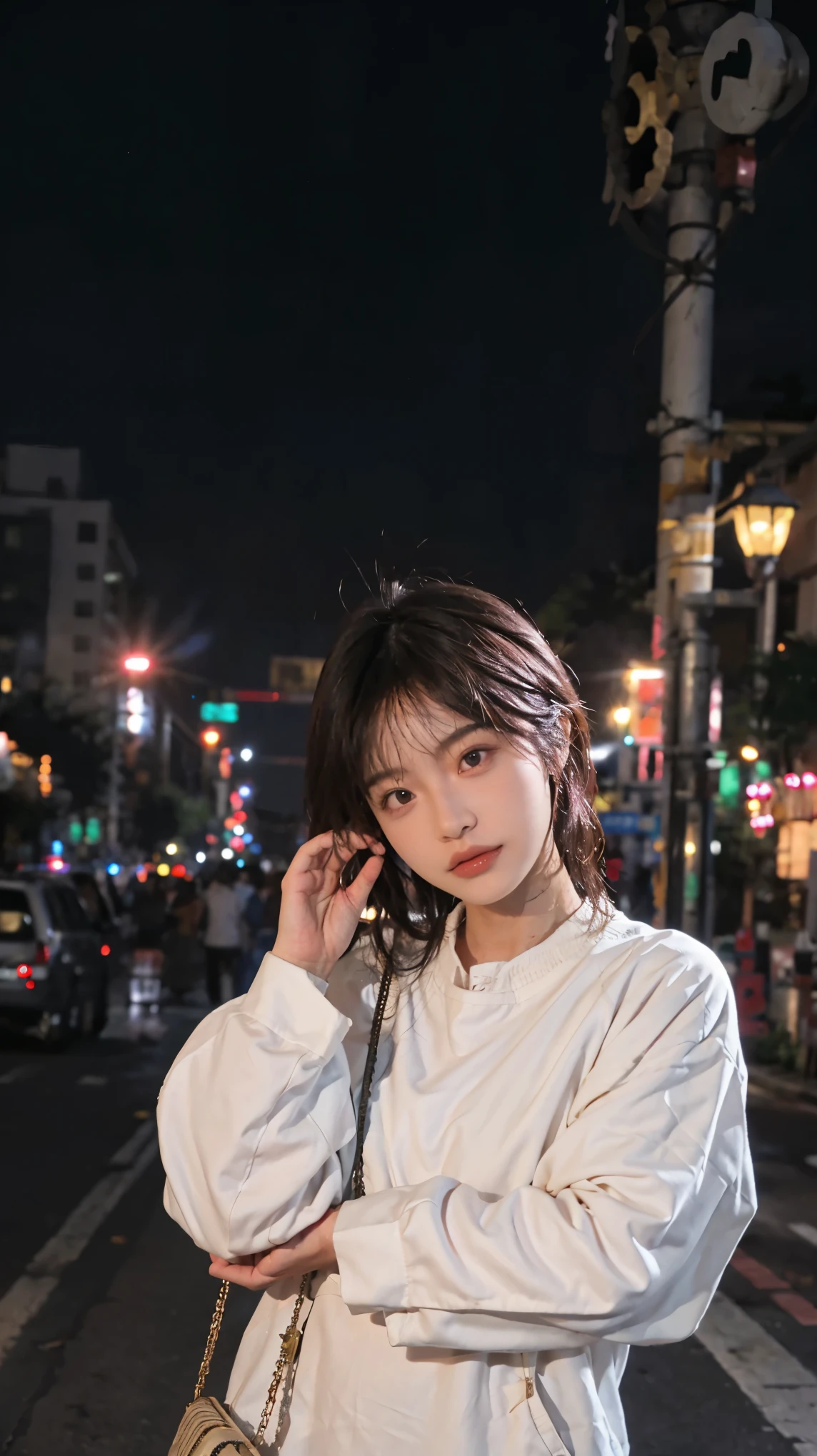 (8k, highest quality, masterpiece: 1.4), Super detailed, highest quality, Ultra-high resolution, Depth of written boundary,Ultra-Realistic Capture,(Very detailed,High definition 16K), Realistic eyes, Beautiful fine details, (Realistic Skin), Golden Ratio, Delicate eyes, cute, girl, short hair, Pink Hair, Standing in the middle of the city, (Night lights:1.4), skyscraper, Mr.々A pose, Face Light(illumination)