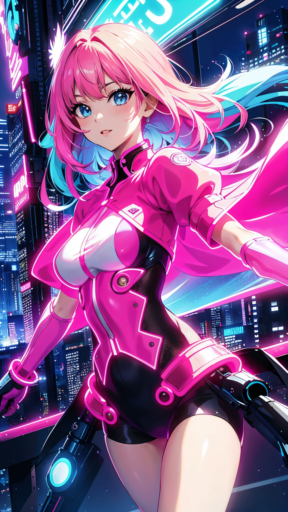 (highest quality、4K、8K、High resolution、masterpiece:1.2)、Super detailed、(anime style、photorealistic:1.37)、girl in neon clothes、neon light、Bright colors、Shining atmosphere、futuristic fashion、shiny fabric、neon sign、Bustling city streets、confident pose、vibrant energy、nightlife sensation、 dynamic movement、creative patterns、Intense saturation、edgy style、kaleidoscope reflection、Fashion Forward、fluorescent light