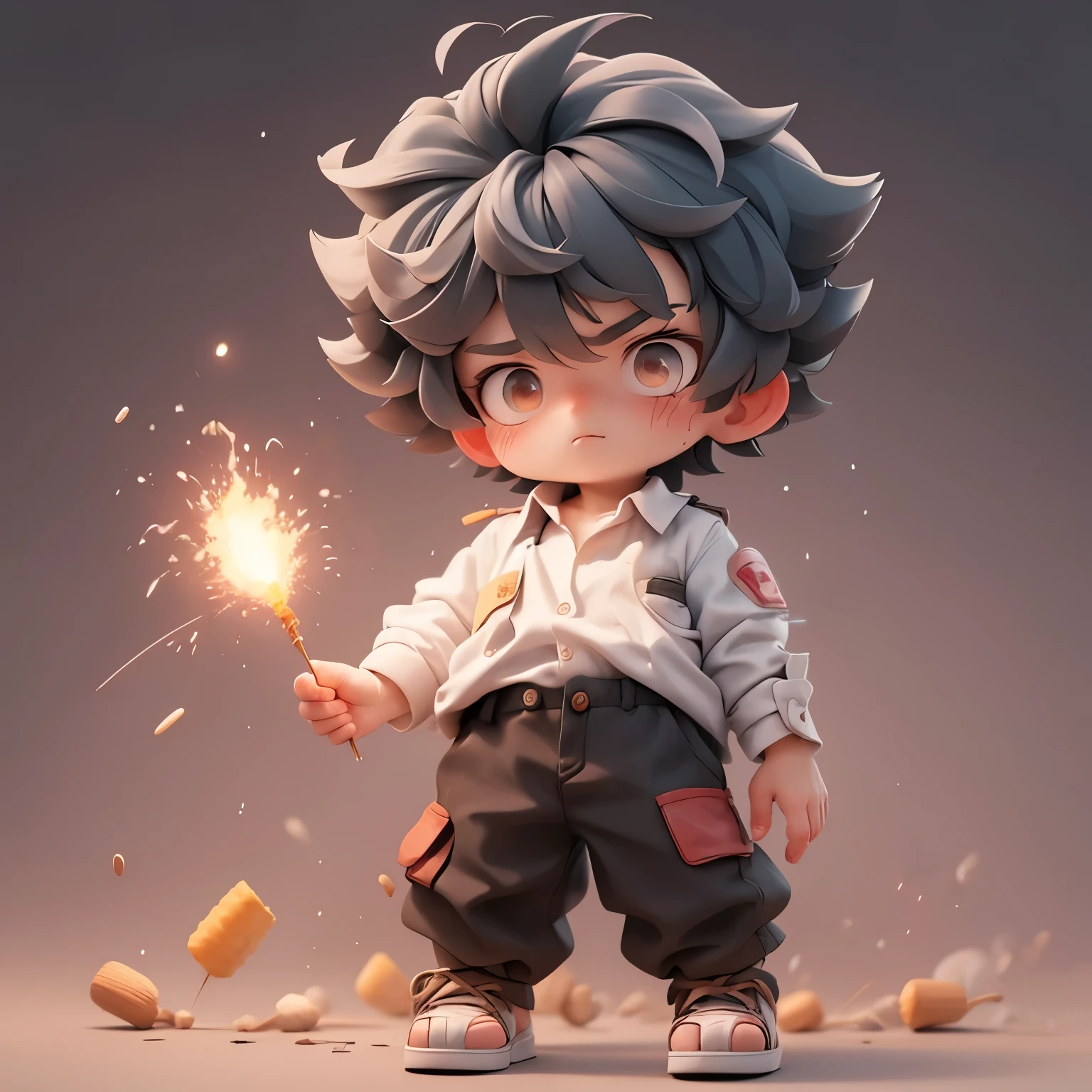 A boy with disheveled hair, Holding firecrackers in hand,lit firecrackers,white shirt,Opened two buttons,The expression is serious

