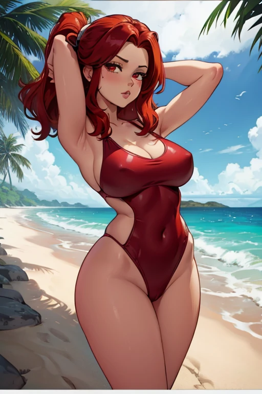 A red haired woman with red eyes with an hourglass figure in a cute one piece swimsuit is blushing at the beach