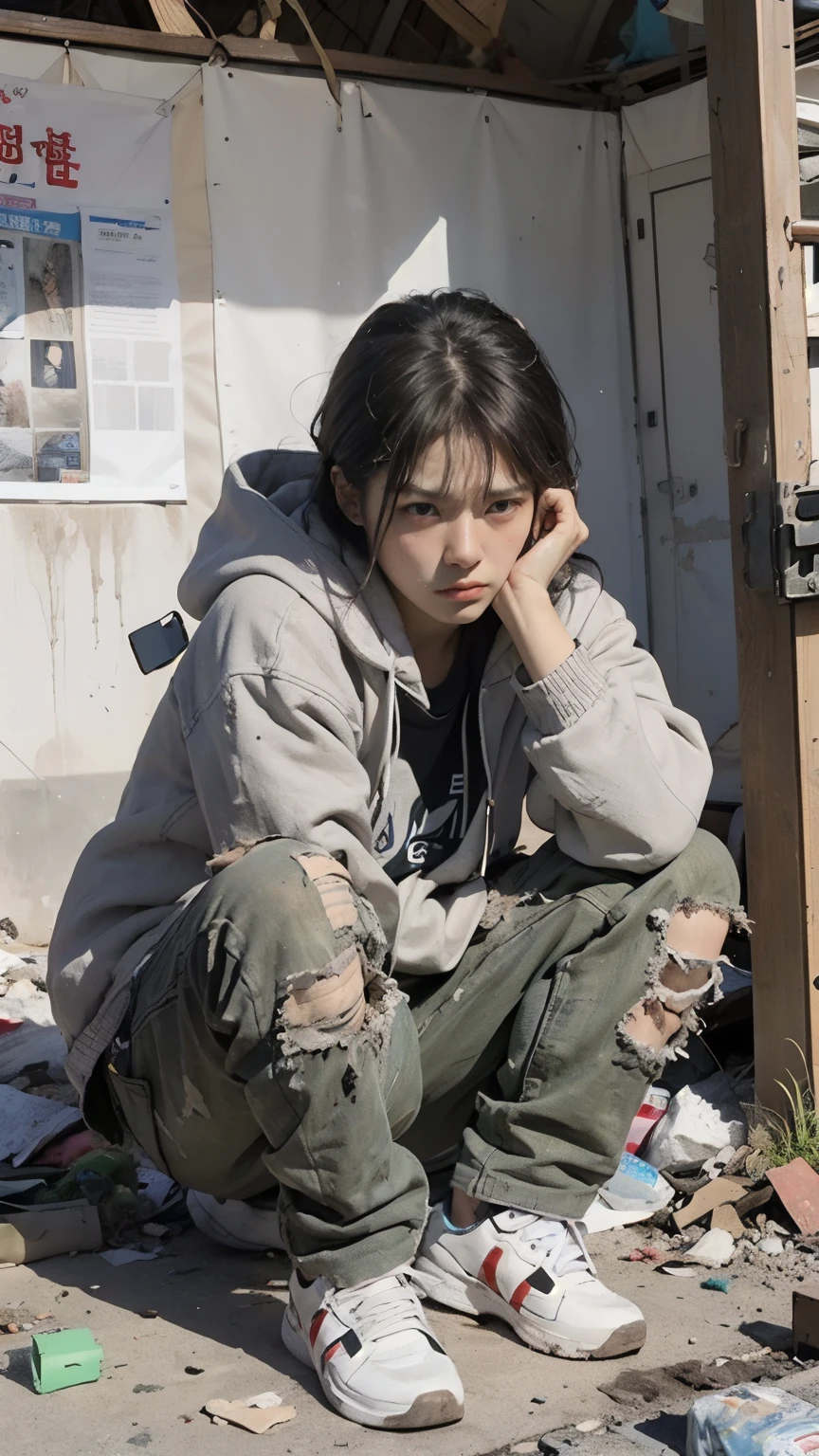 Looking at the camera, 18-year-old,(((Homeless))),Full of trash,Korean women,Pitch black,Tattered clothes,(((The collapsed room))),(((Garbage dump))),Crouching,((( in a destroyed city,Oil,Mud stains,shit,dirty))),(((Frowning,カメラをGlaring))),((((Rubble pile))),After the disaster,Very fine eye, junk,((Inside the barrack tent)),((refuge)),(((He&#39;s wearing a tattered and dirty black hoodie.,Wearing ripped pants))),(((Collapsing Building))),(((Tragic))),((photograph)),(((Fabric Shading))), (((highest quality))), (((masterpiece))) strong girl, ((((Realistic)))),,Black Hair, chic hairstyle, ((With bangs,Straight medium bob cut, nice hair)), Light makeup,Red eyes, (((I&#39;m not wearing lipstick))), (nice, strong), (((Strong night atmosphere))), Centered Images, Elegant colors,Realistic Skin,Realistic texture,８k,whole body,Pale skin,Red iris,Expressionless,Glaring,Perfect Face,(((Big eyes))),Holding a paper board with the word help written on it