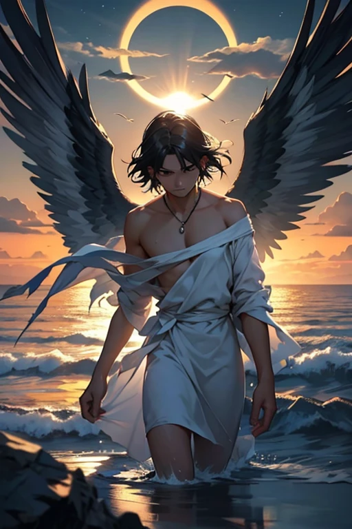 Angel with torn wings descending towards the horizon.
Suave resplandor del amanecer iluminando el cielo.
Expression of melancholy and determination on the angel&#39;s face.
Contraste entre la oscuridad de la noche que se desvanece y la luz del amanecer que emerge.
El sol asomando en el horizonte, simbolizando la esperanza de un nuevo comienzo.