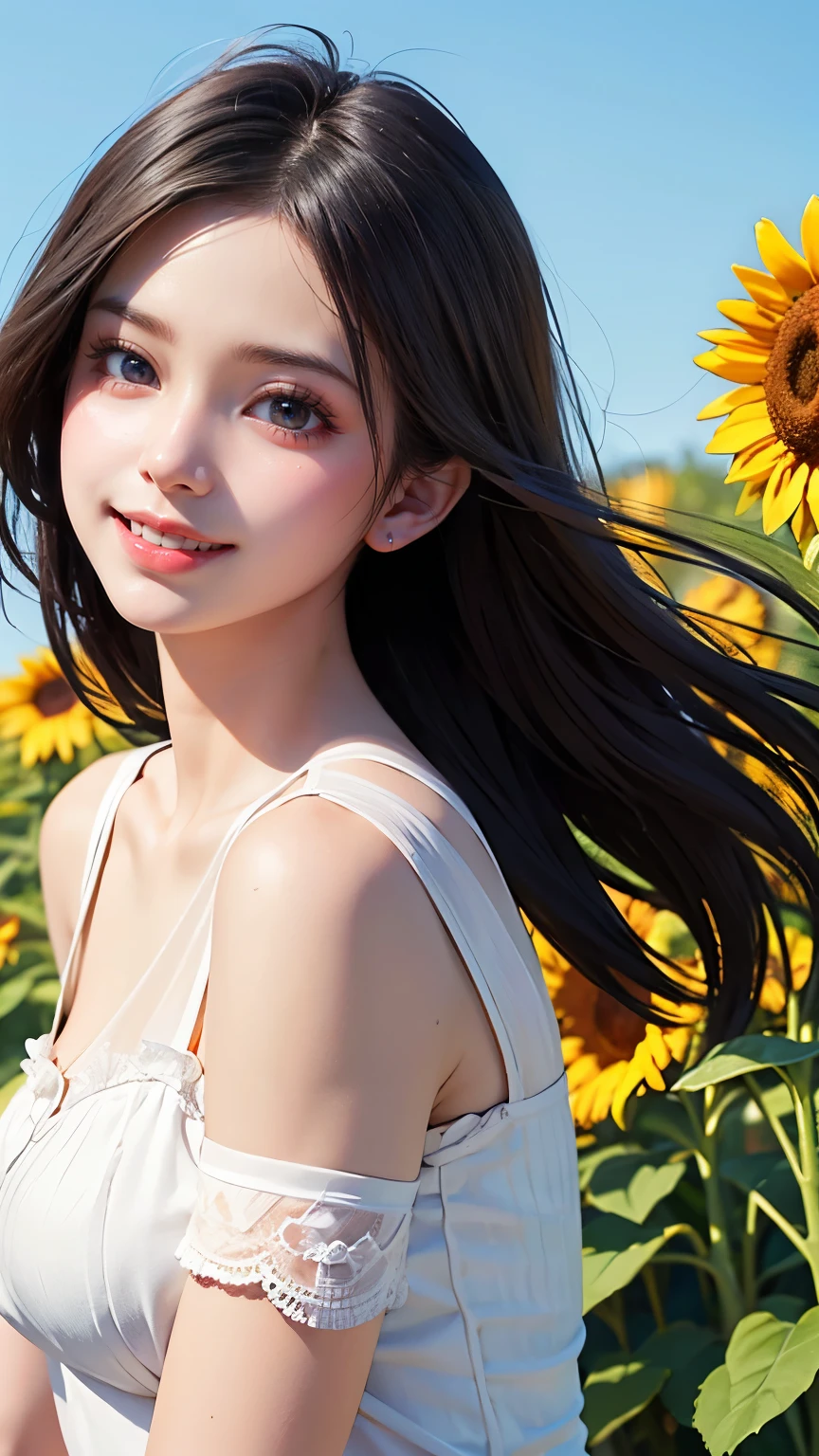 very cute and beautiful girl,White frilly sundress with fine lace,(Very beautiful face and eyes:1.2),smile Standing in the middle of a sunflower field,Beautiful summer sky,
Mid Shot,(smile),Black Hair,Dynamic pose,Leg Details,
(highest quality,masterpiece:1.2),Absurd,High resolution,Very detailedな,Very detailed,32k,8k resolution,
Intricate details,Movie Scenes,Detailed Background,alone,Dynamic Angle,
alone,Hair blowing in the wind,