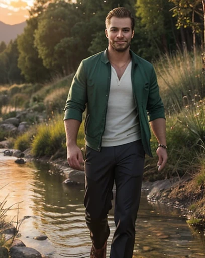 ((full body side view)), HD masterpiece, handsome 35 year old desirable caucasian man with distinguished features, ((walking parallel to a stream during sunrise)), mountains in background, head turned to camera, athletic build, tall height, ((intriguing green eyes)), light brown medium length hair, clean cut haircut, ((no facial hair)), seductive smile with a gentle expression, detailed depiction of facial features, perfectly symmetrical face, crisp details, ultra-fine rendering, outdoor lighting which masterfully accentuates his excellent features,