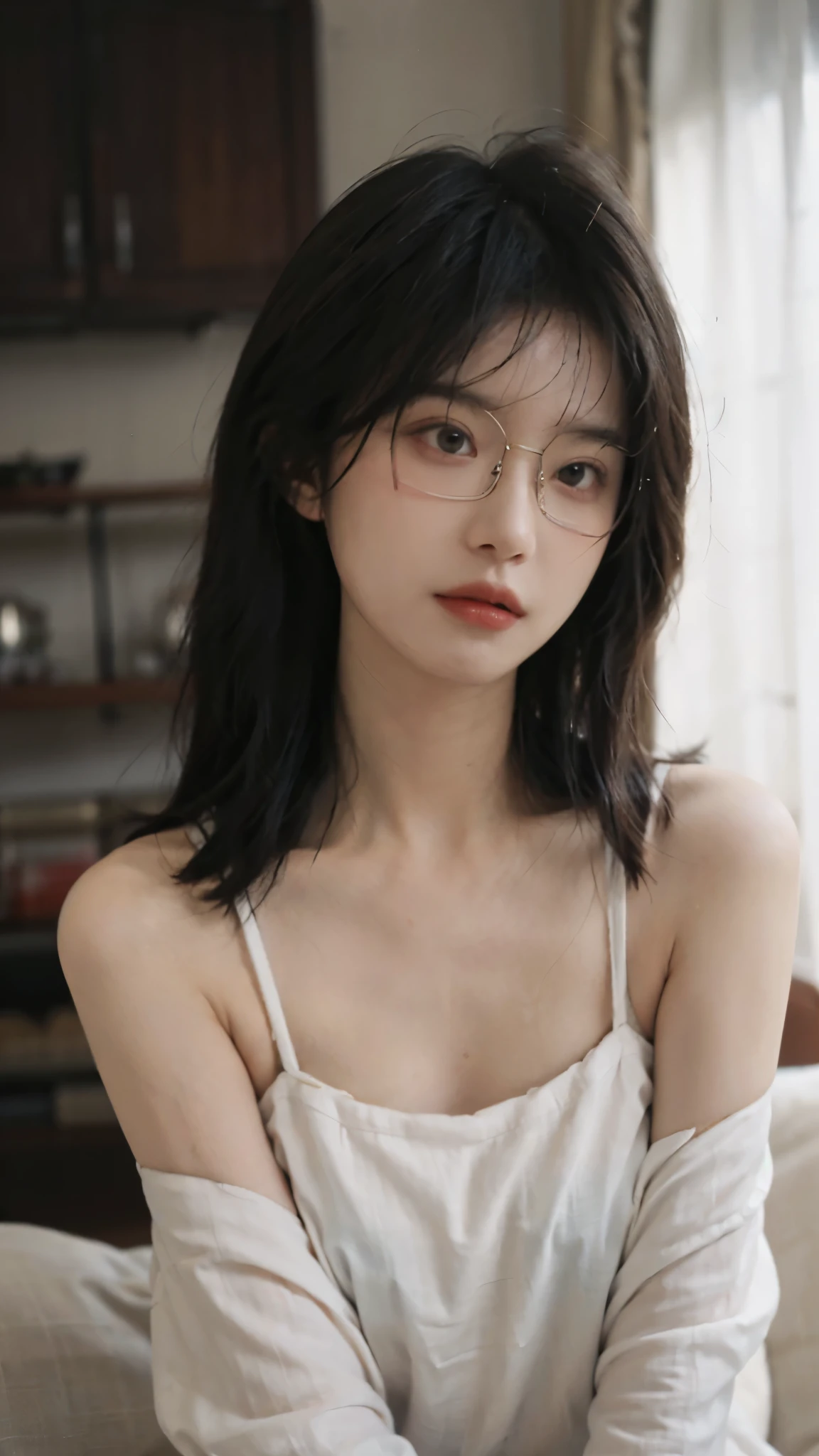 Film portrait photography, 1 girl, bare shoulders,lipstick,(flat chest:1.4), Shoulder length wavy hair, wear glasses,serene, calm, (Realistic and detailed eyes, natural skin texture, Realistic facial details), Soft dramatic lighting, depth of field, Bokeh, Vibrant details, detailed meticulous, hyper-realistic, 35mm film, hazy, ,