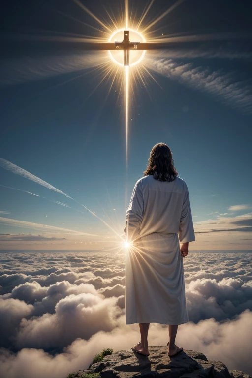 Image of Jesus standing in the clouds with his arms outstretched, Jesus Cristo, Jesus, he is greeting you warmly, O Senhor e Salvador, Vestido como Jesus Cristo, Raios de Luz Sagrada Sagrada, Jovem Deus Todo-Poderoso, Jesus of Nazareth, deus raios solares, Retrato de Jesus Cristo, Obra-prima da luz brilhante, Segunda vinda, Deus olhando para mim, luz celestial, Maximum quality, maximum details, imagem realista, ultrarrealista, Maximum quality in everything