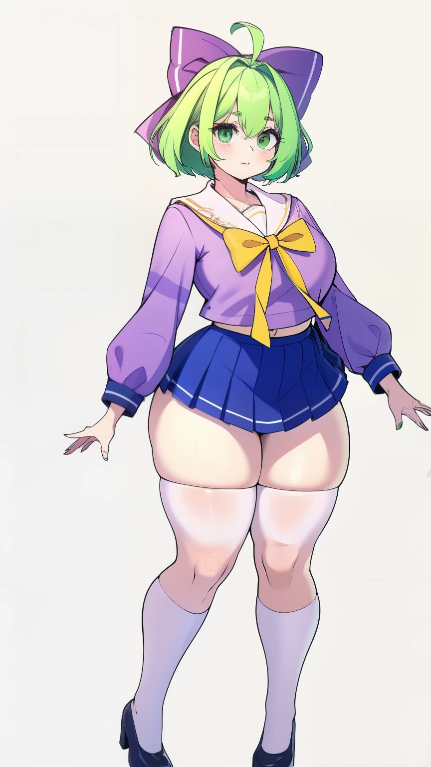 Large Breasts, Big buttocks, full-body shot, Mature mom, plump thighs, a cow, Tempting Adult, Perfect body, Plus-size models, Sailor Suit, wear high heel shoes,mini skirt ,Green short hair,Green Eyes,Hair bow,Hairpin,Purple and sailor collar,条纹Sailor Suit,Blue pleated skirt,White socks,leather shoes,Antenna Hair,Doudou Eyebrows,Hair rope