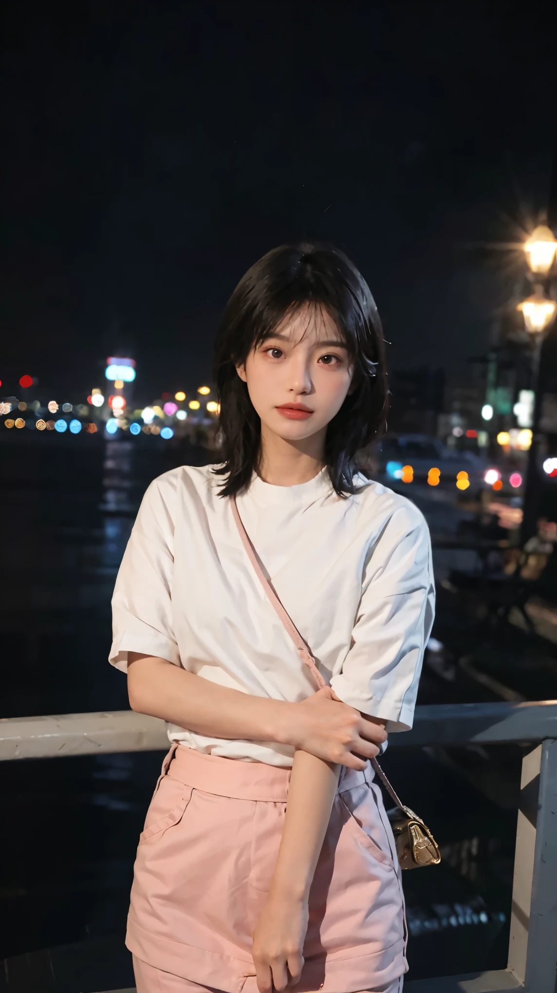 (8k, highest quality, masterpiece: 1.4), Super detailed, highest quality, Ultra-high resolution, Depth of written boundary,Ultra-Realistic Capture,(Very detailed,High definition 16K), Realistic eyes, Beautiful fine details, (Realistic Skin), Golden Ratio, Delicate eyes, cute, girl, short hair, Pink Hair, Standing in the middle of the city, (Night lights:1.4), skyscraper, Mr.々A pose, Face Light(illumination), In the heart of the city, Bustling