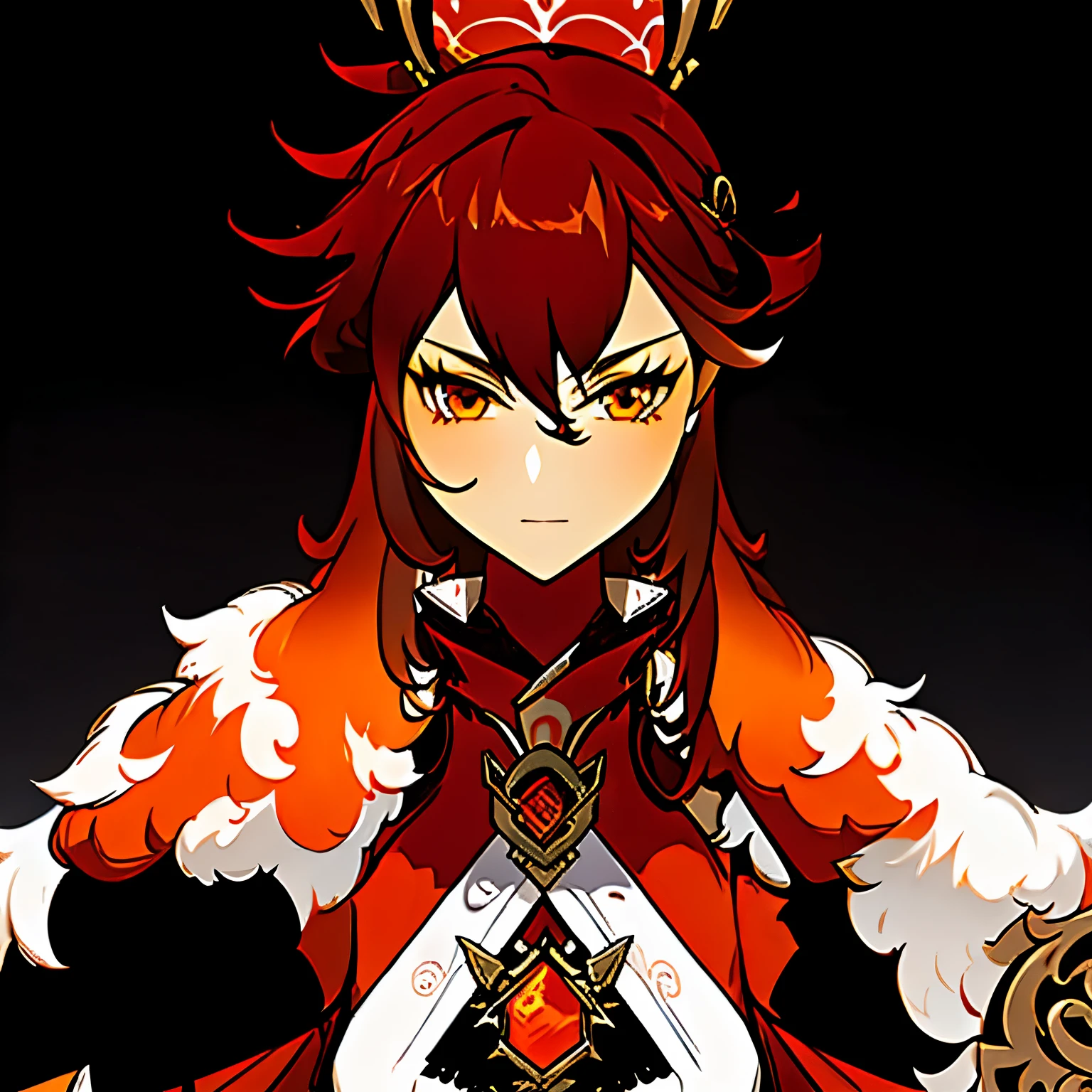 Long hair with gradient, orange hair turning red, top with lace, fox clothes, complex outfit, red and orange suit, clothing design, fantasy outfit, red and orange clothes, fantasy style clothing, Anime set style, well-detailed outfit, Fox fur coat, fashionable rpg clothing, necklace, Close-up, young man, Combat clothing, Combat clothing, 1 girl, Combat clothing, Girl Fighter, Black background, detailed, Layered bangs, serious, woman, Simple clothes