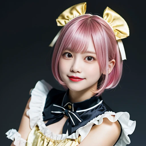 photo realistic, a girl in gold satin dress, 14 yo, pretty face, Lolita Fashion, Colorful frilly satin costume:1.2, many frilled skirt, pink hair, bob cut pink hair, smile, Double teeth, extra detailed Face, extra detailed Eyes, Drooping eyebrows, blush, break, Bright lighting, diagonal standing pose:1.6, low angle:1.8, knee shot:2.0