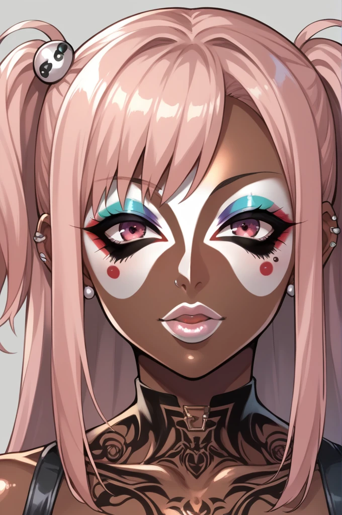 Score_9, score_8_up, score_7_up, score_6_up, score_5_up, score_4_up, source_anime, solo, 1girl, mature female, honoka_\(DOA\),Yamanba, very dark skin, dark-skinned female, makeup, eyeshadow, (white facepaint makeup:1.3), facial mark, face stickers, piercings, tattoos, shiny skin, metallic tan, colored skin, jet-black skin