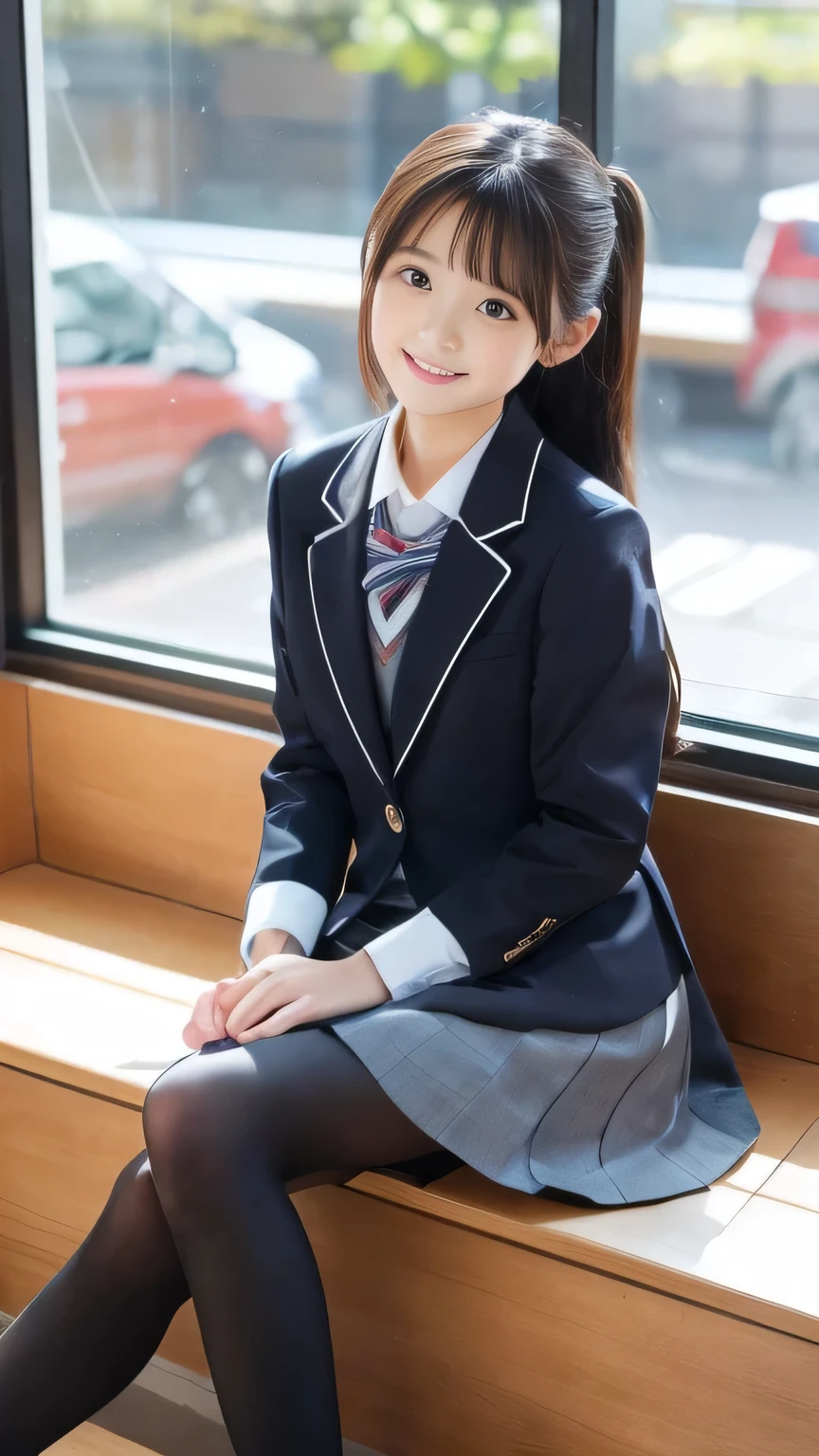 Super quality、8k、Pieces fly、(RAW Photos:1.4)、High resolution、((Xu々A composition that moves away from the subject))、((Full body photo from face to ankles))、((Perfect Anatomy))、Lean forward and place your hands on your knees、1 female 、Detailed skin、Glowing Skin、Baby Face、doid、eyes with long eyelashes、Small face、smile、Open your mouth、Clean hairstyles、School corridor、Staring out the window、The windows provide natural light、Dreaming、School scene in Japan、I have a textbook、middle School girl、Blchool bag on shoulder、、Slender and delicate body、Small breasts、A blazer uniform with green lines、girl 、Checked skirt、healthy、young woman、black tights、black tights、Black knee-high socks、Brown loafers、loafers、Full Body Shot、Clean hairstyles、Accentuates the lines of very slim legs
