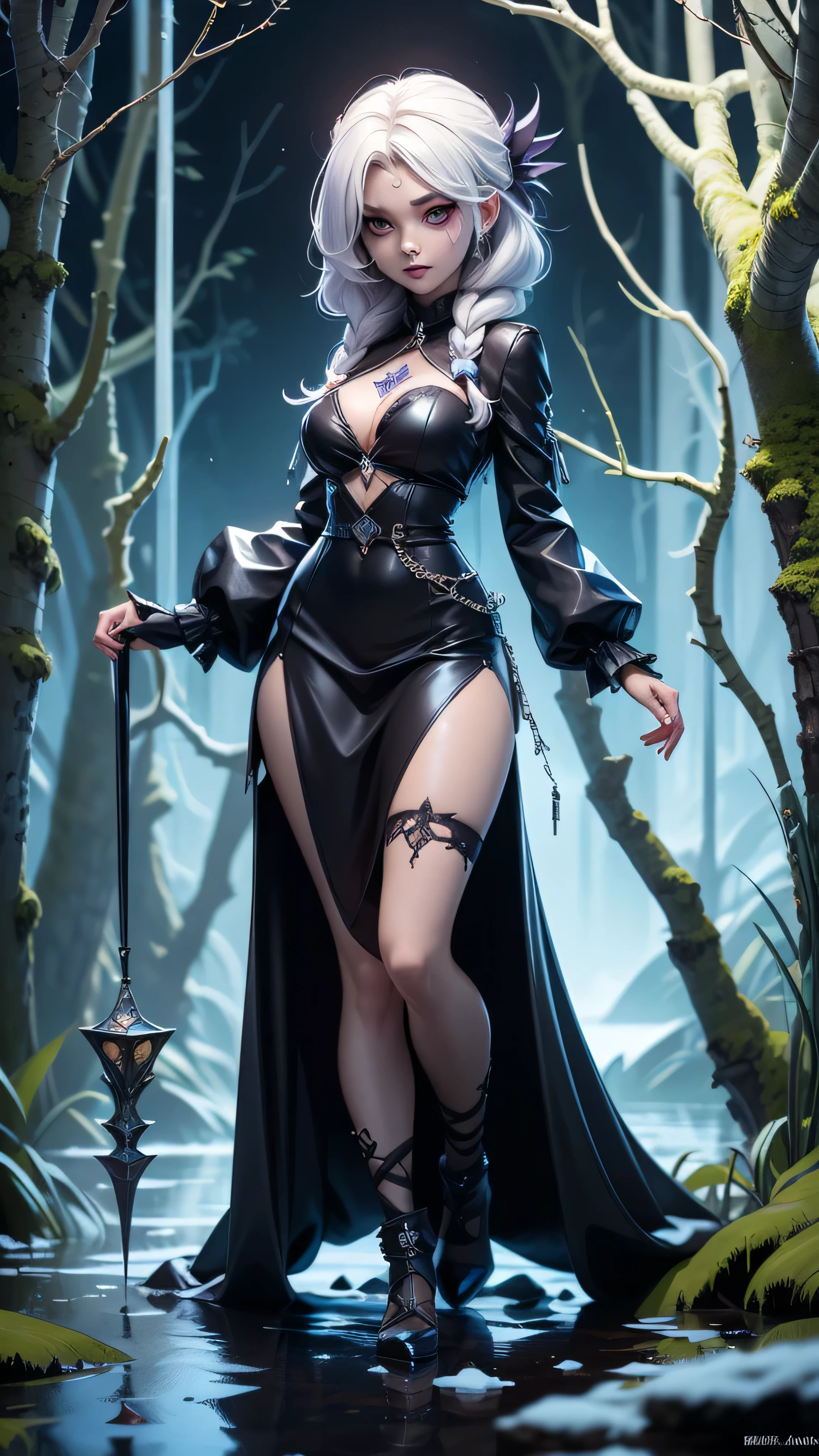 There is a full size figure of a beautiful zombie women with cute face black hair silver white eyes dark blue eye shadows and frost blue lips small cute heart shape tatoo under left eye dressed in purple Gothic dress with glass ice claws on her fingers, women walk thru the swamp emanates grave chilling frost aura ground froze where she steps , high quality beautiful face, detailed anime art, detailed anime wallpaper , high quality illustration. 8k top quality details