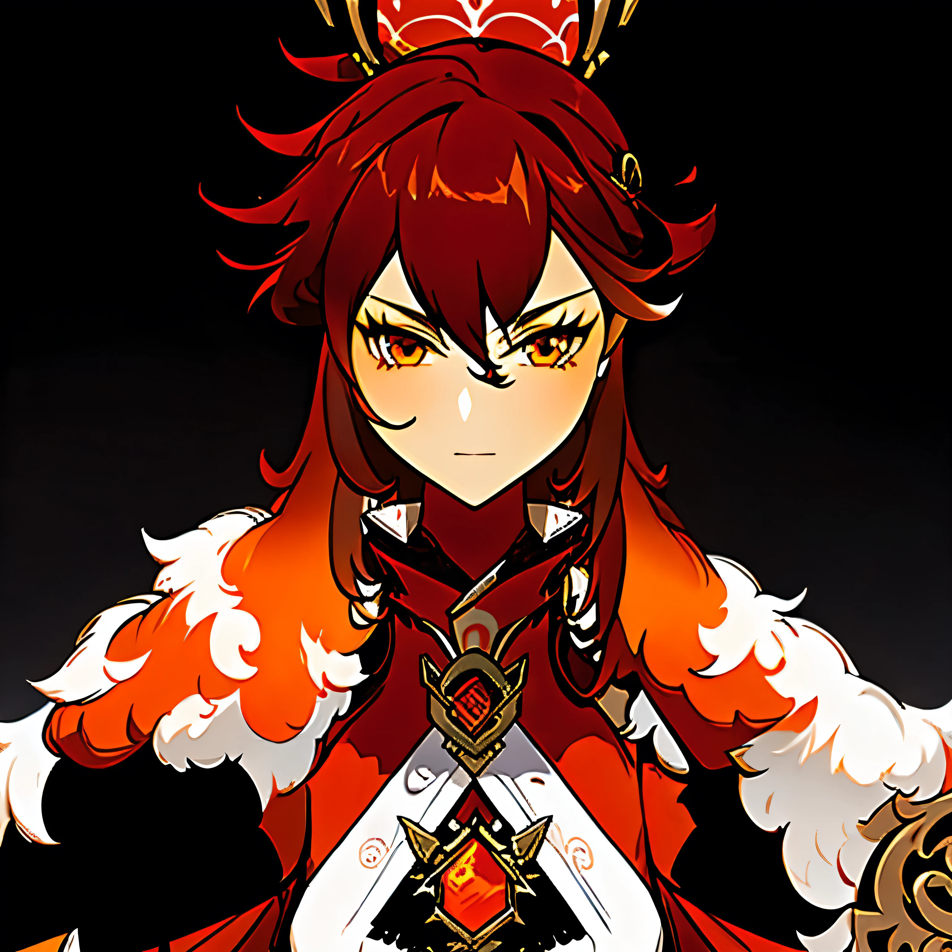Long hair with gradient, orange hair turning red, top with lace, fox clothes, complex outfit, red and orange suit, clothing design, fantasy outfit, red and orange clothes, fantasy style clothing, Anime set style, well-detailed outfit, Fox fur coat, fashionable rpg clothing, necklace, Close-up, young man, Combat clothing, Combat clothing, 1 girl, Combat clothing, Girl Fighter, Black background, detailed, Layered bangs, serious, woman, Simple clothes
