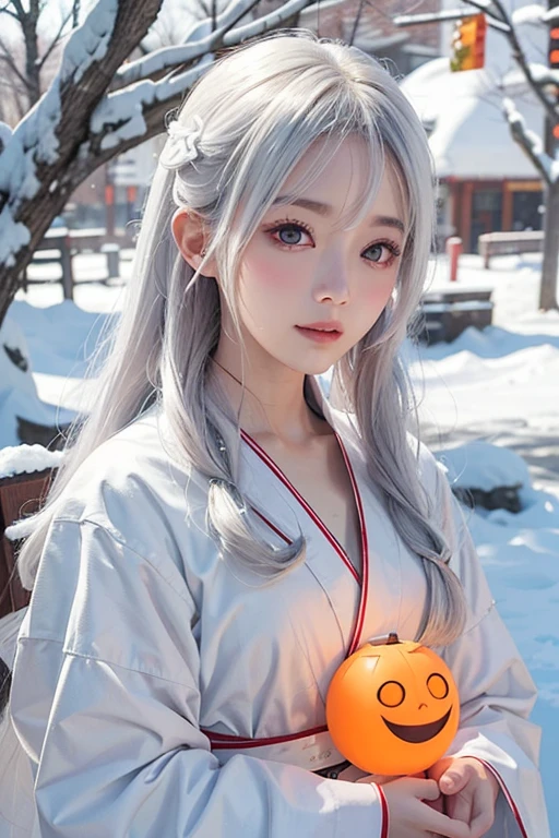 In the snow、White yukata、White Hair、Long Hair、Wind、Wind吹、whole body、15 years old、woman、Hands are out in front、Chest empty、Evil Smiley Face, Dark Skin, Red eyes, Iris, Pupil orange