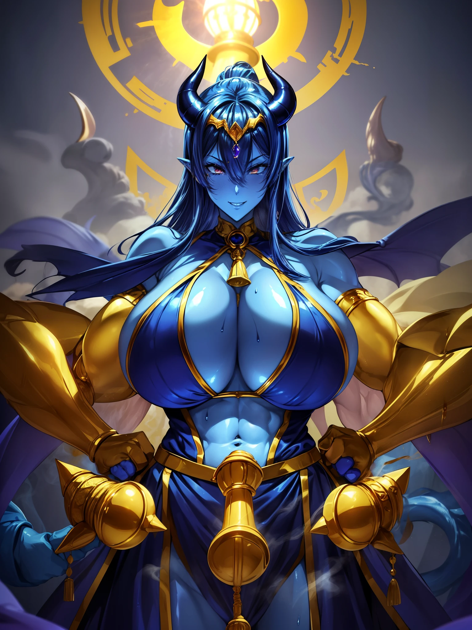 Outrageous resolution、masutepiece++,top-quality++,ultra-defined++, ultra-defined++,4K++,8K++,(Background Focus)++, Highly detailed, Viewer's Perspective、（（A large amount of smoke blows out of the golden lamp））++、((A blue-skinned devil appears with a large amount of smoke from the golden lamp))++、((Blue-skinned mature witch with golden lamp))++, ((Blue-skinned devil with golden lamp crossed in arms)), ((((Blue-skinned devil with golden lamp))))++++,（Blue-skinned devil with golden lamp）、(((Luxurious attire in Indian style)))+++,(((Upper body is floating)))++++,（Lower body smoke）、((Gaze from below))+ +,((A large amount of smoke blows out of the golden lamp)) ++, ((A blue-skinned devil appears with a large amount of smoke from the golden lamp))++,、 +,（Sharp eyes）、(Blue-haired)、(Super shiny hair and skin), (Sunlight),((Beautiful)),(Huge breasts_Body: 1.5),(Huge breasts:1.5), Muscular girl with clearly visible abs and muscles, Sweaty body, cleavage, Dynamism, (Abs cleansing and shaving, Muscle muscle thighs) +, A lively smile, Perfect eyes, Perfect hands, Perfect nose, Magic Battle Dark, Bright atmosphere, (wet effect) +, (light effect), (Cinematic Light) + , (Like a movie of light) +