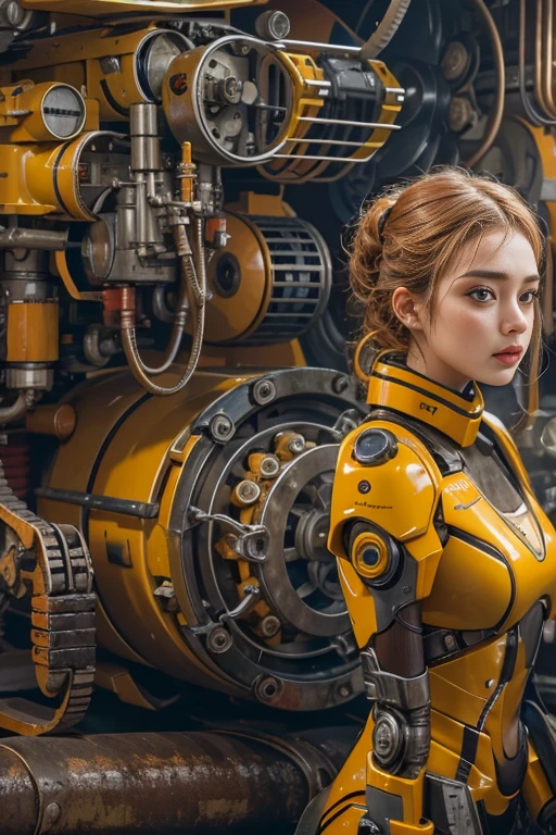 Realistic picture 8k,Masterpiece,Young woman in cyber robot machine costume,The color of old machinery is rusty yellow.,Staring at me.,sexy poses,