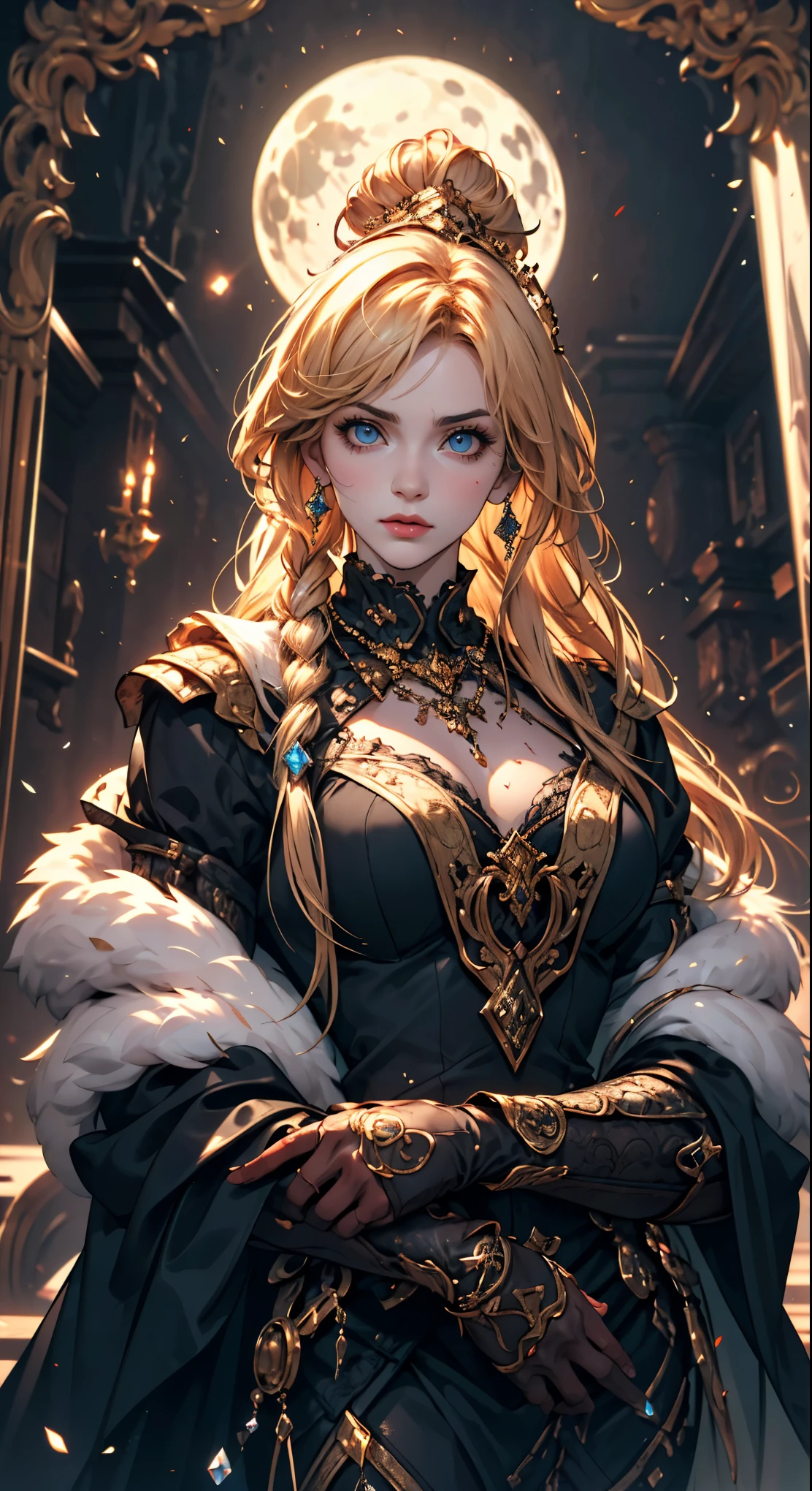 Elegantism, opulent scene, full portrait of a Victorian lady, heroic, black clothes, gold trim, full moon, castle. (masterpiece, high quality, 8K, high_res:1.5), surreal picture, extremely detailed, 1girl, solo, long hair, looking at viewer, blue eyes, simple background, hair ornament, hair between eyes, jewelry, upper body, earrings, lips, fur trim, eyelashes, gem, tassel, portrait, beads, Yanjun Cheng style, hazy beauty, emo, (sharp eyes:1.4), (rebellious:1.4), (fierce:1.4), tight lips. Intricate earrings, dirty worn hardcore style, long boots, creating a magical style, high brightness and low color palette, masterpiece,portraitart,Leonardo Style,dark,dark moody atmosphere