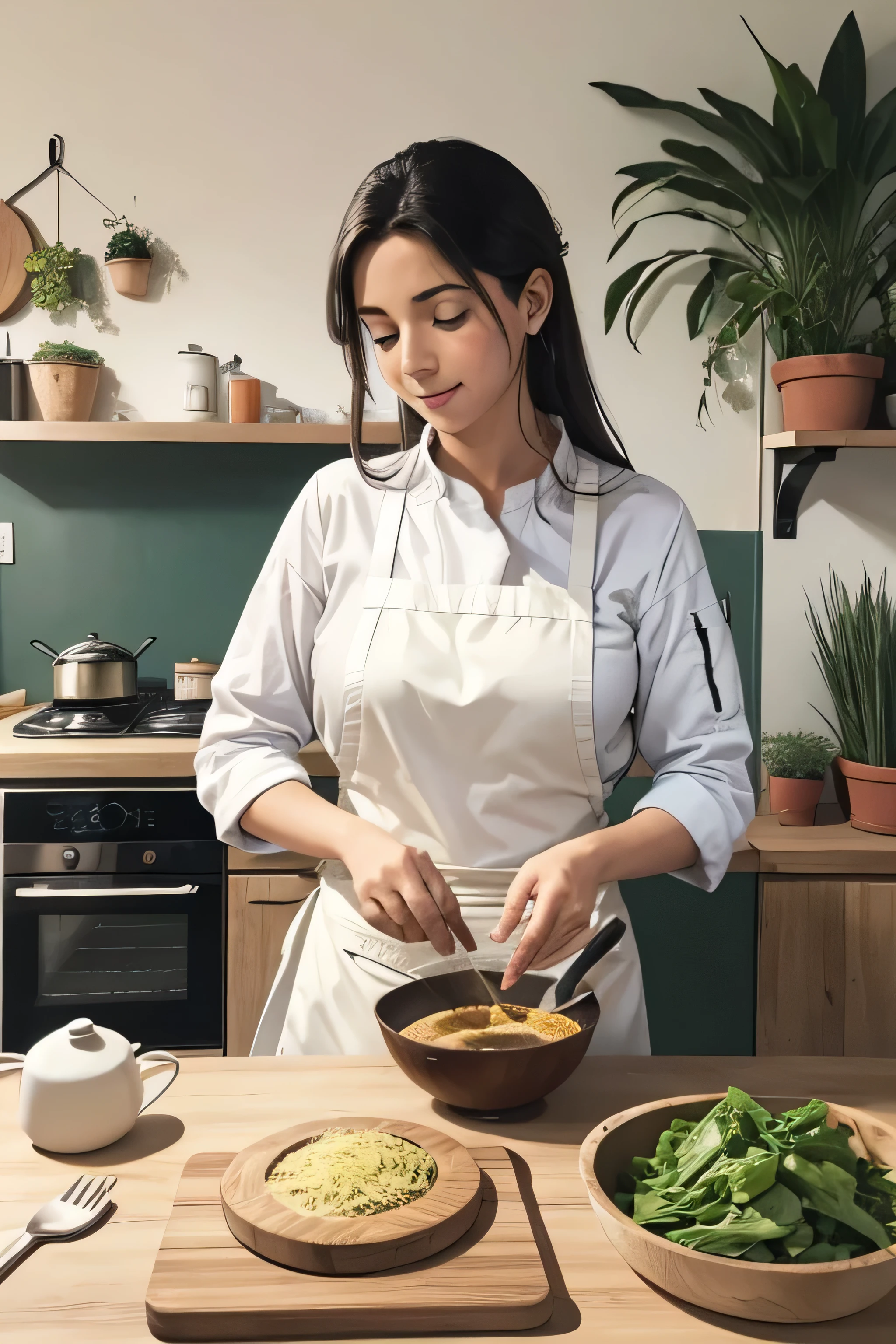 imagen de una escena de cocina animada y acogedora, con una familia cocinando juntos en el centro. La mesa debe estar surtida con ingredientes frescos y utensilios de cocina. Incluye detalles como vapor saliendo de una olla, aromas en el aire, libros de cocina en los estantes y plantas en macetas para decorar el fondo."