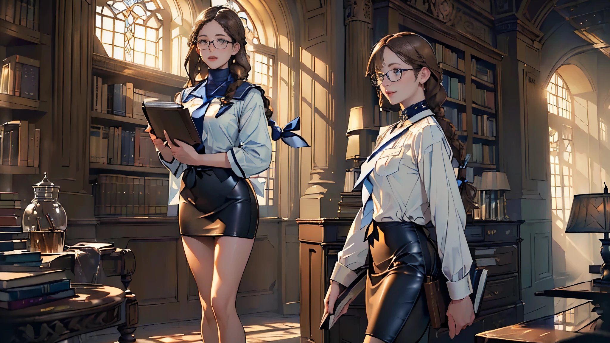 masterpiece, ultra detailed, 8K Portrait, Raw photo, portrait photography, full body, Highly detailed face, ((Fantasy)), Young beautiful, 27 years old, smile, ((((librarian))), standing with hands on chest, (((light brown Fishtail braid hair))) Fluttering in the wind, blunt bangs, (((glass cord))), (((white collar navy blue librarian uniform with light blue tie)), (((dark brown) leather Pencil skirt)), black tights, ((holding a book)), Midday Sun, hyper realistic, Body model, Small breasts, Beautiful breasts, Long legs, In the large library, Ambient lighting, Shadow details , Camera focus on face, strong breeze, Light fog