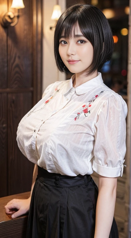 58
(20-year-old woman), (Surreal), (Tabletop), ((Black-haired、short hair:1.3)), (Huge breasts:1.2), A kind smile, (Clothes with anime characters printed on them)、White blouse、valley