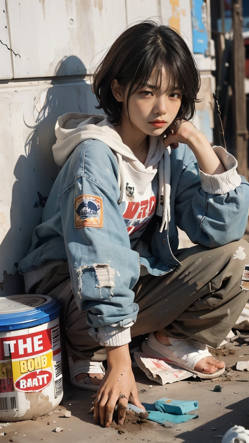 18-year-old,(((Homeless))),Full of trash,Korean women,Pitch black,Tattered clothes,(((The collapsed room))),(((Garbage dump))),Crouching,((( in a destroyed city,Oil,Mud stains,shit,dirty))),(((Frowning,カメラをGlaring))),((((Rubble pile))),After the disaster,Very fine eye, junk,((Inside the barrack tent)),((refuge)),(((He&#39;s wearing a tattered and dirty black hoodie.,Wearing ripped pants))),(((Collapsing Building))),(((Tragic))),((photograph)),(((Fabric Shading))), (((highest quality))), (((masterpiece))) strong girl, ((((Realistic)))),,Black Hair, chic hairstyle, ((With bangs,Straight medium bob cut, nice hair)), Light makeup,Red eyes, (((I&#39;m not wearing lipstick))), (nice, strong), (((Strong night atmosphere))), Centered Images, Looking at the camera, Elegant colors,Realistic Skin,Realistic texture,８k,whole body,Pale skin,Red iris,Expressionless,Glaring,Perfect Face,(((Big eyes))),Holding a paper board with the word help written on it