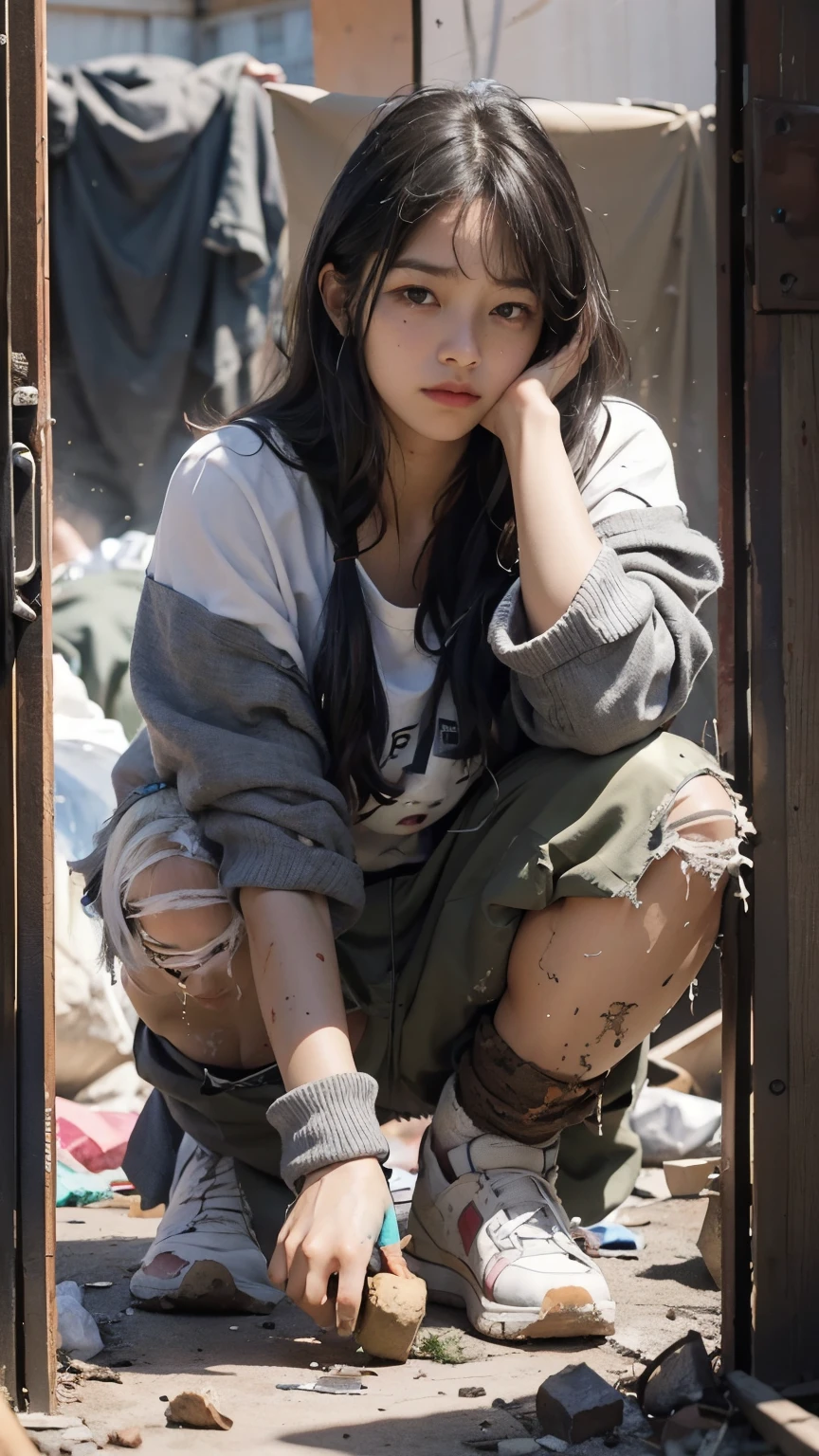 18-year-old,(((Homeless))),Full of trash,Korean women,Pitch black,Tattered clothes,(((The collapsed room))),(((Garbage dump))),Crouching,((( in a destroyed city,Oil,Mud stains,shit,dirty))),(((Frowning,カメラをGlaring))),((((Rubble pile))),After the disaster,Very fine eye, junk,((Inside the barrack tent)),((refuge)),(((He&#39;s wearing a tattered and dirty black hoodie.,Wearing ripped pants))),(((Collapsing Building))),(((Tragic))),((photograph)),(((Fabric Shading))), (((highest quality))), (((masterpiece))) strong girl, ((((Realistic)))),,Black Hair, chic hairstyle, ((With bangs,Straight medium bob cut, nice hair)), Light makeup,Red eyes, (((I&#39;m not wearing lipstick))), (nice, strong), (((Strong night atmosphere))), Centered Images, Looking at the camera, Elegant colors,Realistic Skin,Realistic texture,８k,whole body,Pale skin,Red iris,Expressionless,Glaring,Perfect Face,(((Big eyes))),Holding a paper board with the word help written on it