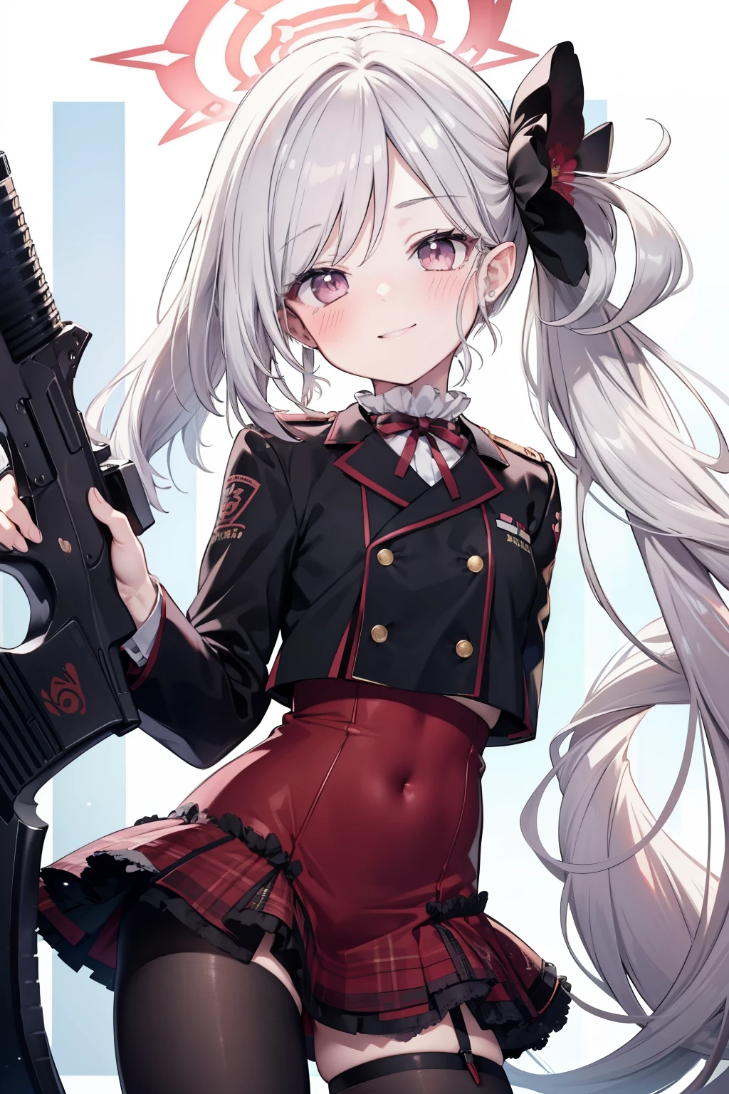 Asahi Mutsuki、Good looking girl (blush, Perfect Face), independent , Looking at the camera, masterpiece, Anime art style, Cute Characters, Most detailed, high quality、Nico Nico Smile、Show your armpits、Silver Hair、side ponytail、Small breasts、Lolita、Combat Uniform、He has a gun