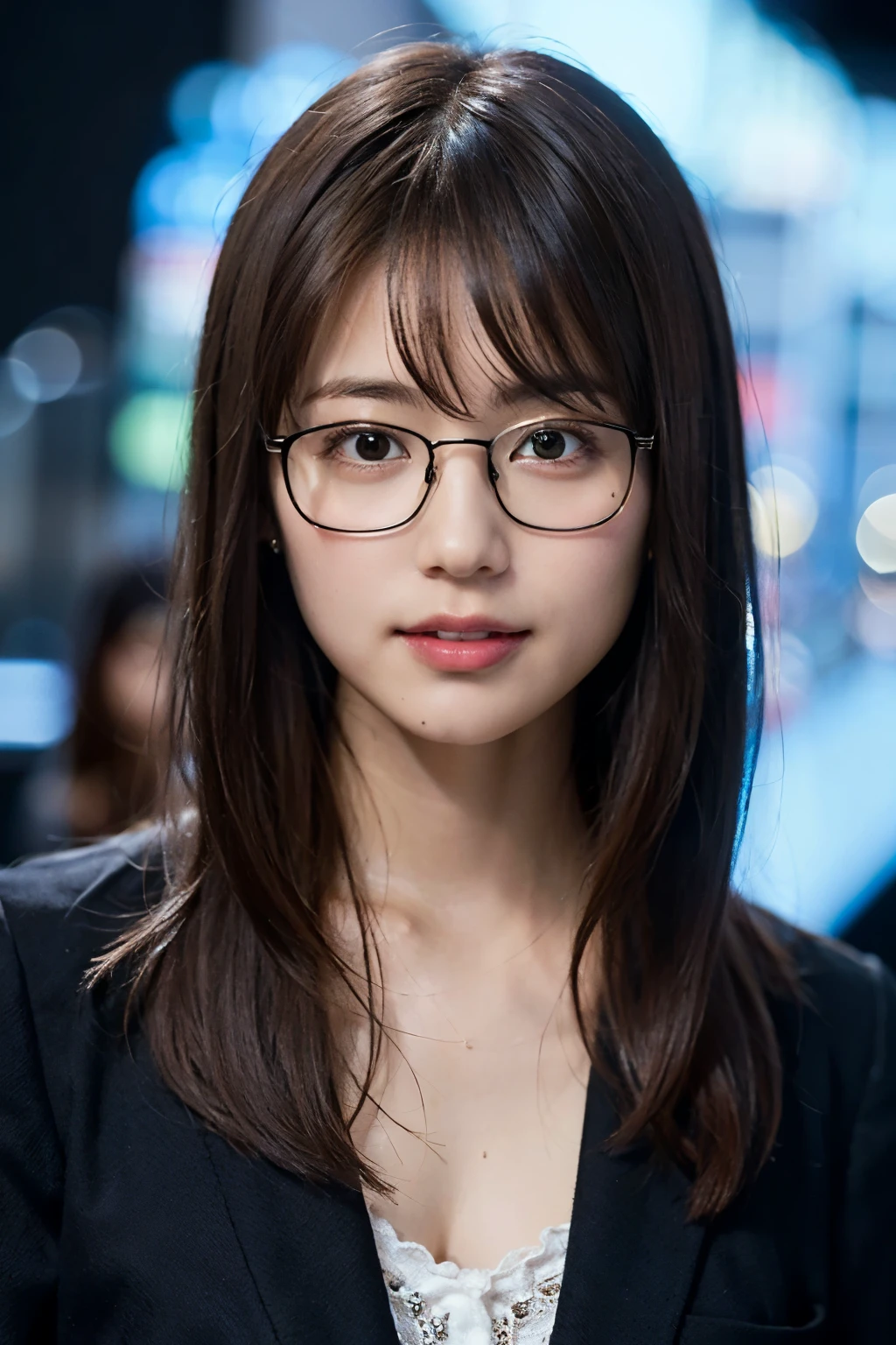 (8k、RAW Photos、highest quality、masterpiece:1.2)、(Realistic、Realistic:1.37)、Very detailed、超A high resolution、1 girl、View your viewers、Beautifully detailed face、Smiling with teeth showing、narrow、(Tight waist) :1.3)、suit、Beautiful and detailed skin、Skin Texture、Floating Hair、Tying up hair、Professional Lighting、A relaxed bar、(((Black square glasses )))、Human whole body、Black Hair、((Embarrassing appearance))、