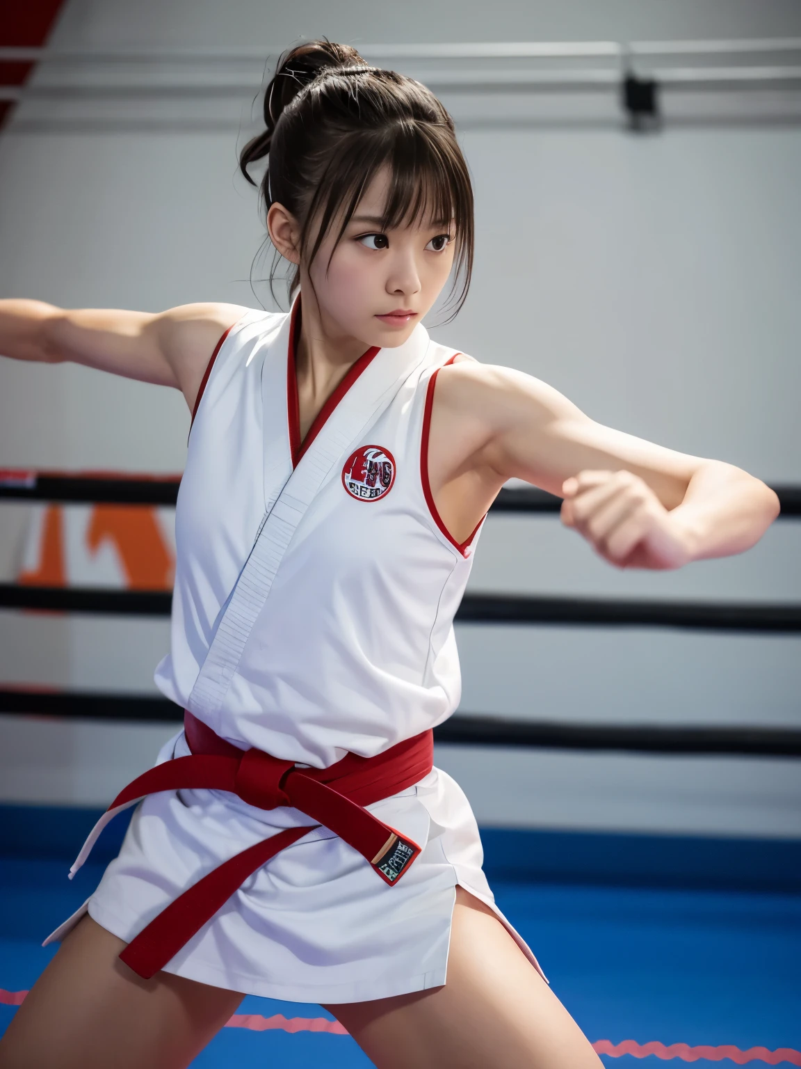 Best image quality,highest quality,masterpiece,4K,8k,highest quality,女性karate,in a karate道場ring, She's ready to fight, Chudan Gyakutsu pose, karate, Young Japanese Woman, Japanese Girls,karateの道着,Wear pants,Black belt,karate大会、whole body