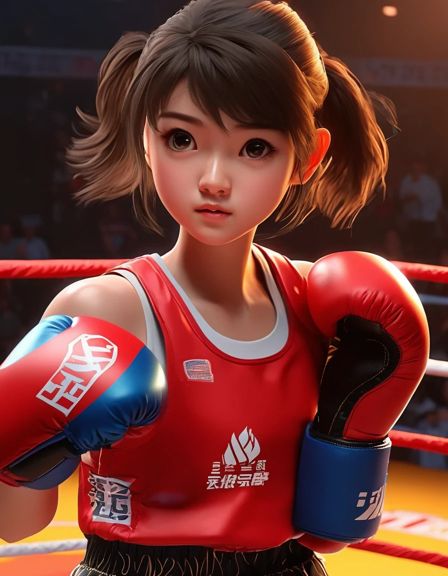 A very cute girl boxer, Boxing Match，cute avatar, anime style, soft color palette, apocalypse, 3D rendering, OC rendering, high detail, solid color background, Unreal Engine