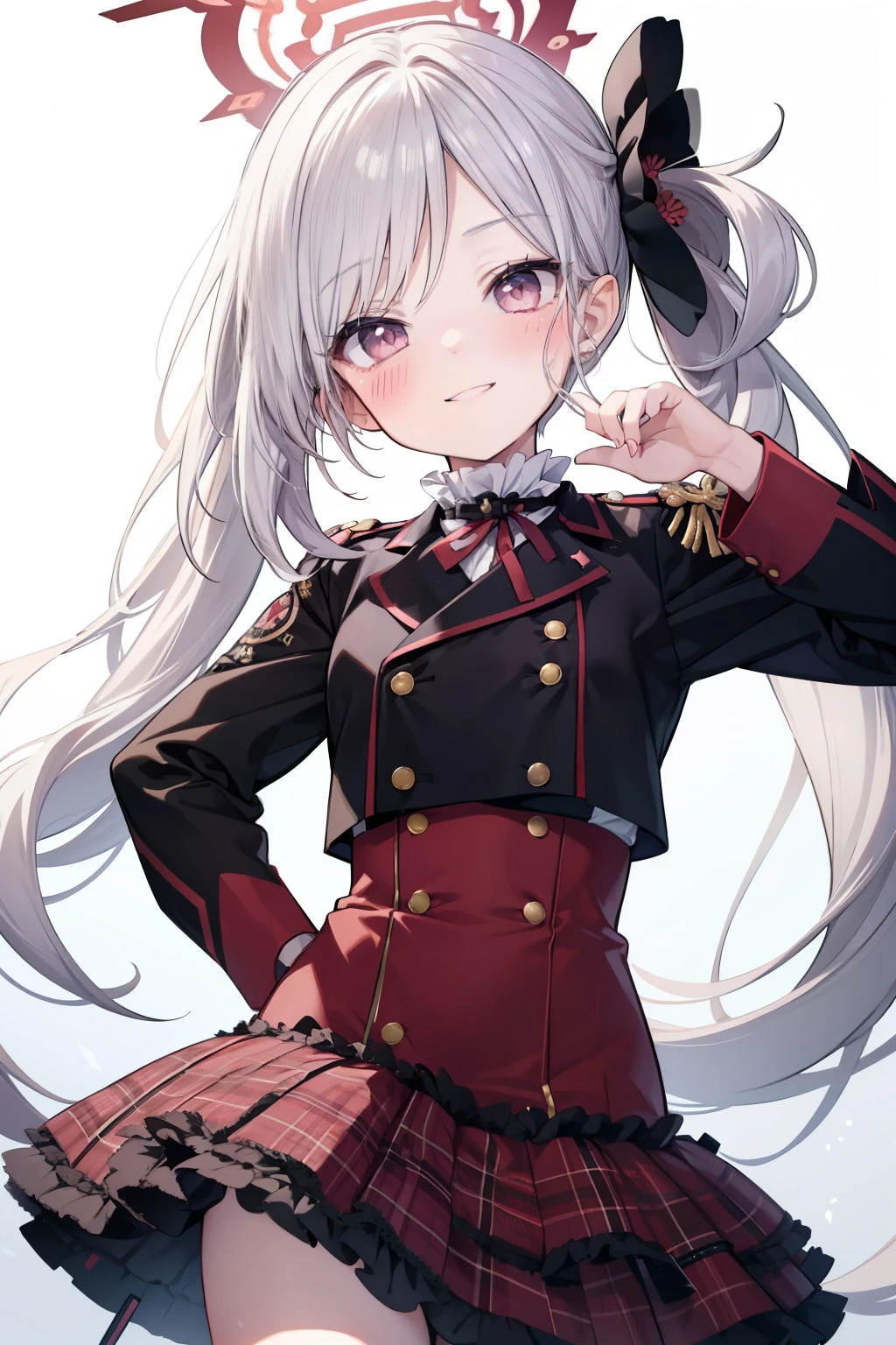 Asahi Mutsuki、Good looking girl (blush, Perfect Face), independent , Looking at the camera, masterpiece, Anime art style, Cute Characters, Most detailed, high quality、Nico Nico Smile、Show your armpits、Silver Hair、side ponytail、Small breasts、****ta、Combat Uniform、He has a gun