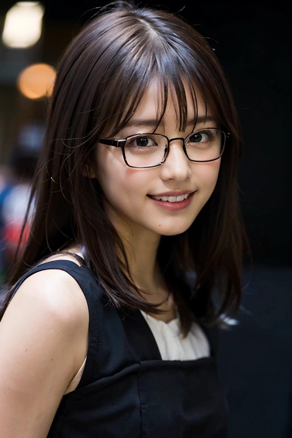 (8k、RAW Photos、highest quality、masterpiece:1.2)、(Realistic、Realistic:1.37)、Very detailed、超A high resolution、1 girl、View your viewers、Beautifully detailed face、Smiling with teeth showing、narrow、(Tight waist) :1.3)、suit、Beautiful and detailed skin、Skin Texture、Floating Hair、Tying up hair、Professional Lighting、A relaxed bar、(((Black square glasses )))、Human whole body、Black Hair、((Embarrassing appearance))、