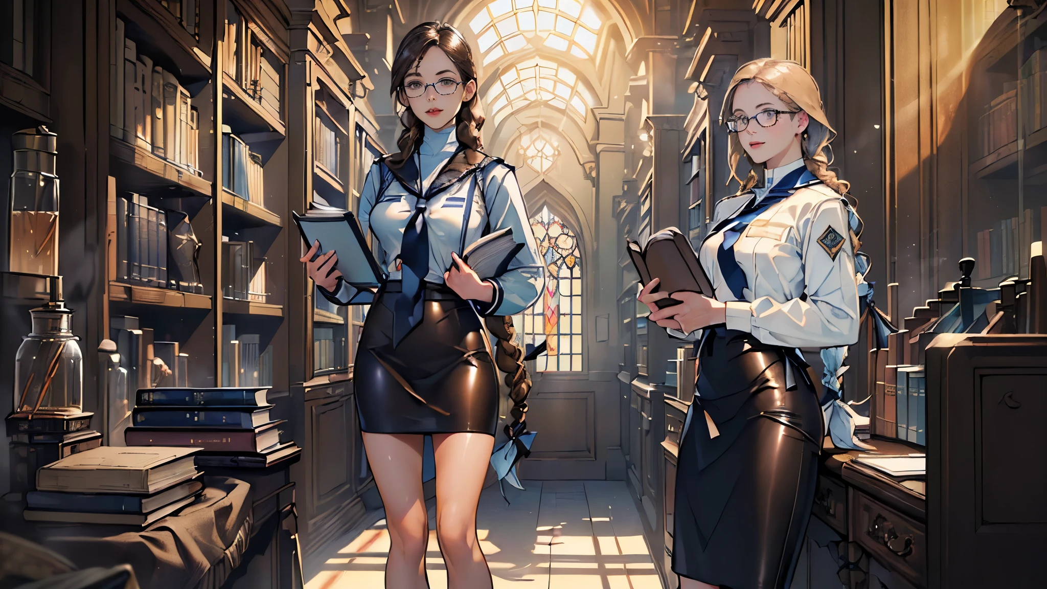 masterpiece, ultra detailed, 8K Portrait, Raw photo, portrait photography, full body, Highly detailed face, ((Fantasy)), Young beautiful, 27 years old, smile, ((((librarian))), standing with hands on chest, (((light brown Fishtail braid hair))) Fluttering in the wind, blunt bangs, (((glass cord))), (((white collar navy blue librarian uniform with light blue tie)), (((dark brown) leather Pencil skirt)), black tights, ((holding a book)), Midday Sun, hyper realistic, Body model, Small breasts, Beautiful breasts, Long legs, In the large library, Ambient lighting, Shadow details , Camera focus on face, strong breeze, Light fog