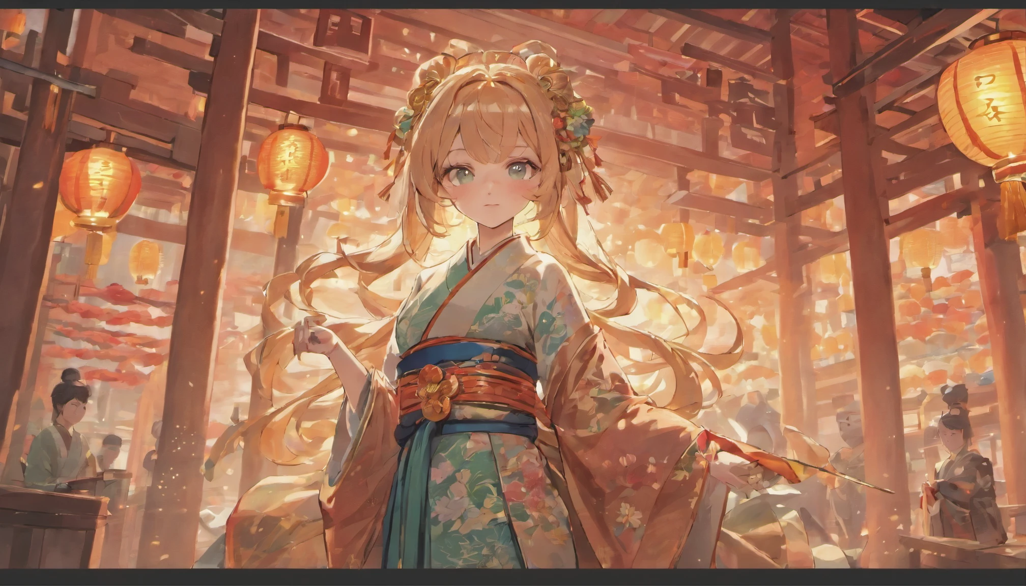new year,Chinese style city,Night Sky,Buddha statue in the center,Decorations,Chinese lanterns are displayed,firework,There are no people,(((masterpiece))), 最high quality, Ultra Detailed CG Unity 8k Wallpaper, Treehouse,一人のwoman,{{masterpiece}}, (最high quality, High resolution, Textured skin, high quality, Attention to detail, Highly detailed CG Unity 8k wallpaper), Charmed,Have fun,Long pink hair, Green Eyes, beautiful衣装,royal kimono, The only person, Small amount of lace, Dazzling, woman, beautiful, (tea ceremony master), female tea ceremony master, (A sophisticated tea ceremony), (A luxurious tea ceremony), Expensive cosmetics are everywhere, colorful makeup, royal kimono, Light-colored clothing,
