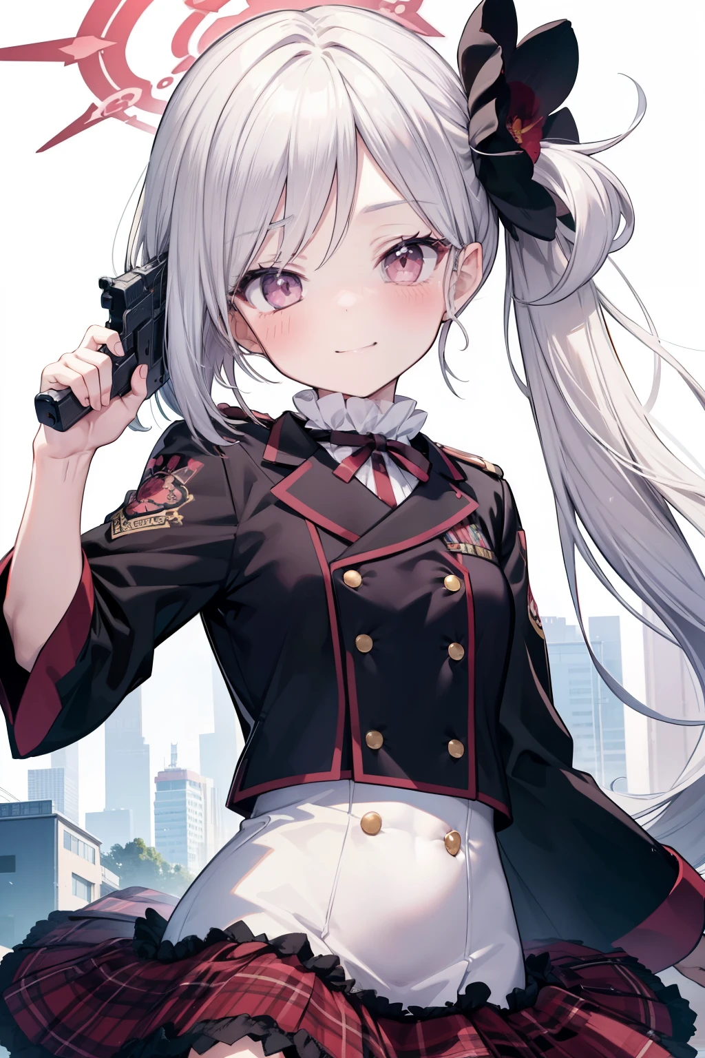 Asahi Mutsuki、Good looking girl (blush, Perfect Face), independent , Looking at the camera, masterpiece, Anime art style, Cute Characters, Most detailed, high quality、Nico Nico Smile、Show your armpits、Silver Hair、side ponytail、Small breasts、****ta、Combat Uniform、He has a gun