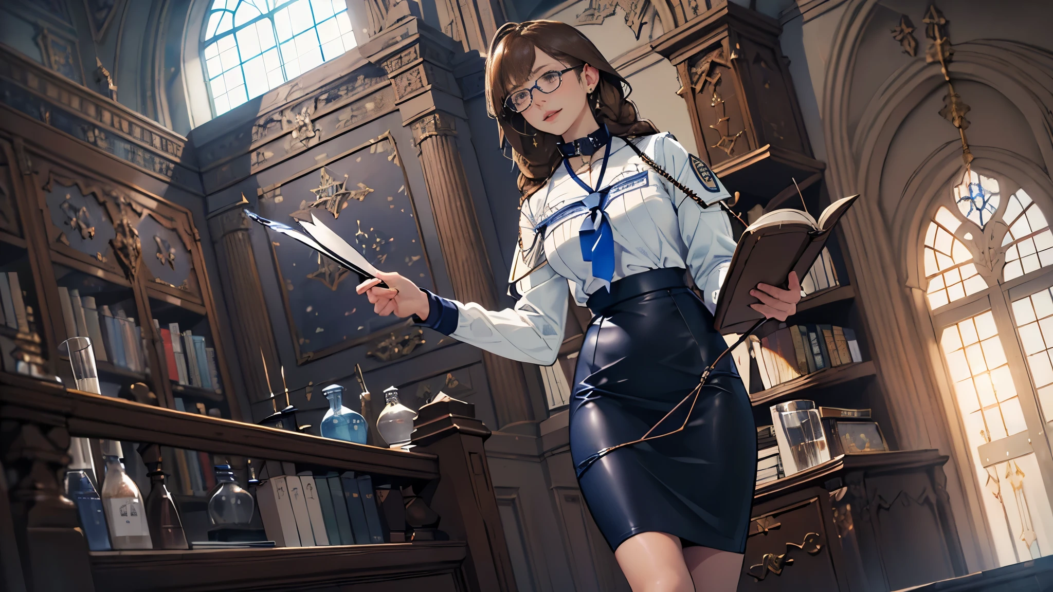 masterpiece, ultra detailed, 8K Portrait, Raw photo, portrait photography, full body, Highly detailed face, (Fantasy), Young beautiful, 27 years old, solo, smile, (librarian1.5), standing with hands on chest, (light brown Fishtail braid hair:1.2) Fluttering in the wind, blunt bangs, (glass cord:1.5), (white collar navy blue librarian uniform:1.5), (light blue tie1.5), (dark brown leather Pencil skirt:1.5), black tights, (holding a book), Midday Sun, hyper realistic, Body model, Small breasts, Beautiful breasts, Long legs, In the large library, Ambient lighting, Shadow details , Camera focus on face, strong breeze, Light fog