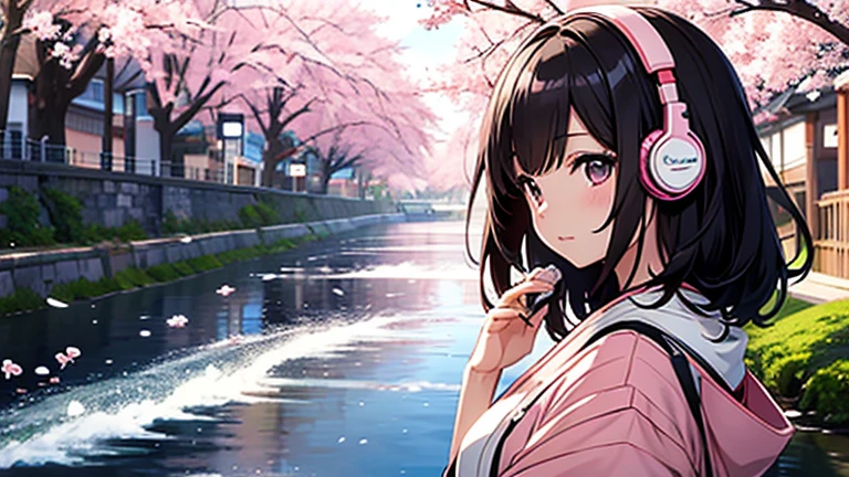 spring、河river敷、river、Cherry blossoms are in full bloom、beautiful girl、Headphones、Japanese anime style、Black Hair