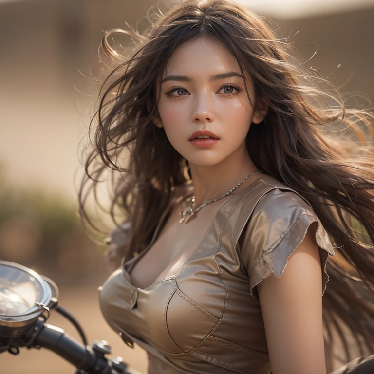 Riding a Harley Bike、Running in the desert、Hair flows、 ((highest quality、masterpiece、8k、best image quality、ultra high resolution、Award-winning work)、(close-up of woman's face:1.35)、(close-up of naked face:1.3)、(accurate anatomy:1.1)、(look at me and smile:1.1)、Shining fair skin with ultra high resolution、most detailed face、ultra high resolution detailed face、ultra high resolutionの髪の毛、(ultra high resolutionの煌めく瞳:1.1)、Beautiful face drawn in every detail、(blurred background:1.1)、