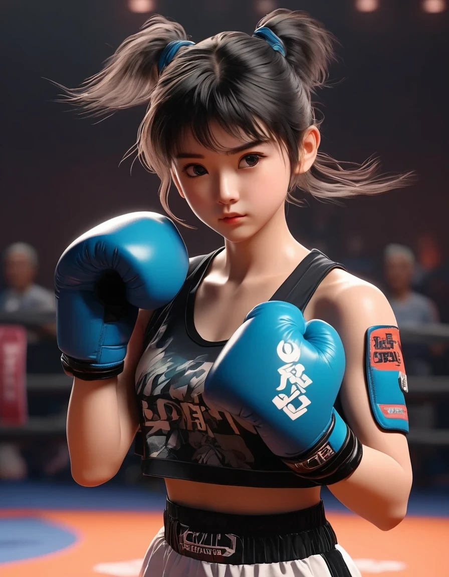 A very cute girl boxer, Boxing Match,cute avatar, anime style, soft color palette, apocalypse, 3D rendering, OC rendering, high detail, solid color background, Unreal Engine