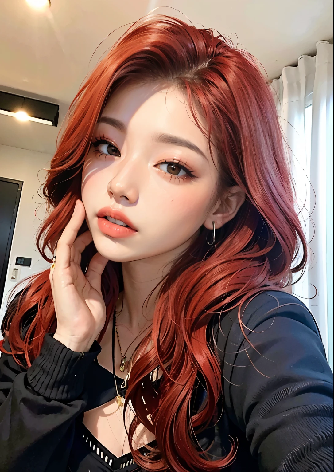 a close up of a woman with cabelo vermelho and piercings, with curly cabelo vermelho, cabelos tingidos de vermelho, with long cabelo vermelho, with cabelo vermelho, cabelo carmesim, pale red, peruca vermelha, cabelo ruivo cacheado, red cabelo carmesim, cabelo vermelho, crimson cabelo vermelho and red eyes, wavy vibrant cabelo vermelho, soft cabelo vermelho, cabelo longo ruivo, cabelos longos e ondulados vermelhos